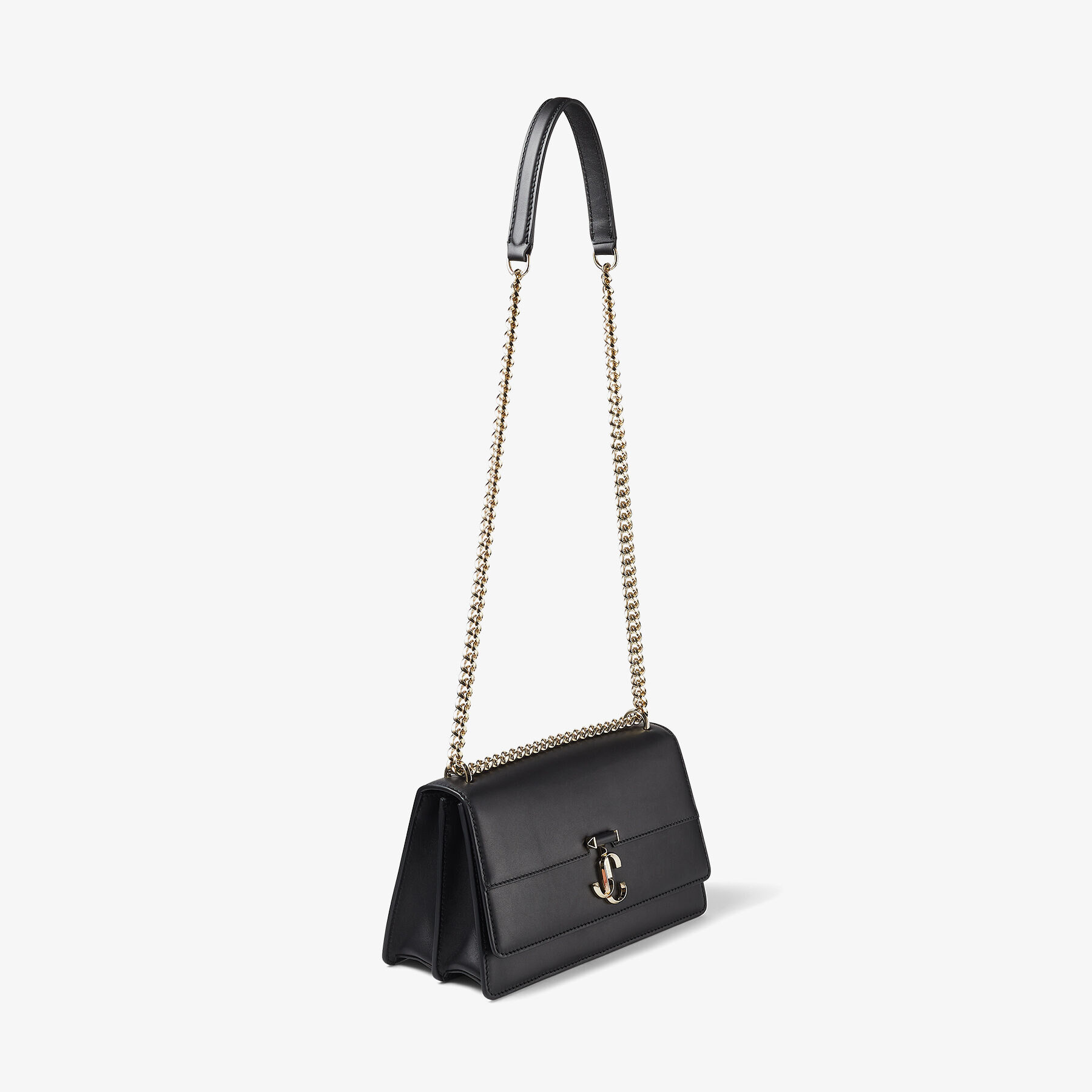 Black Fine Shiny Calf Leather Shoulder Bag with Light Gold