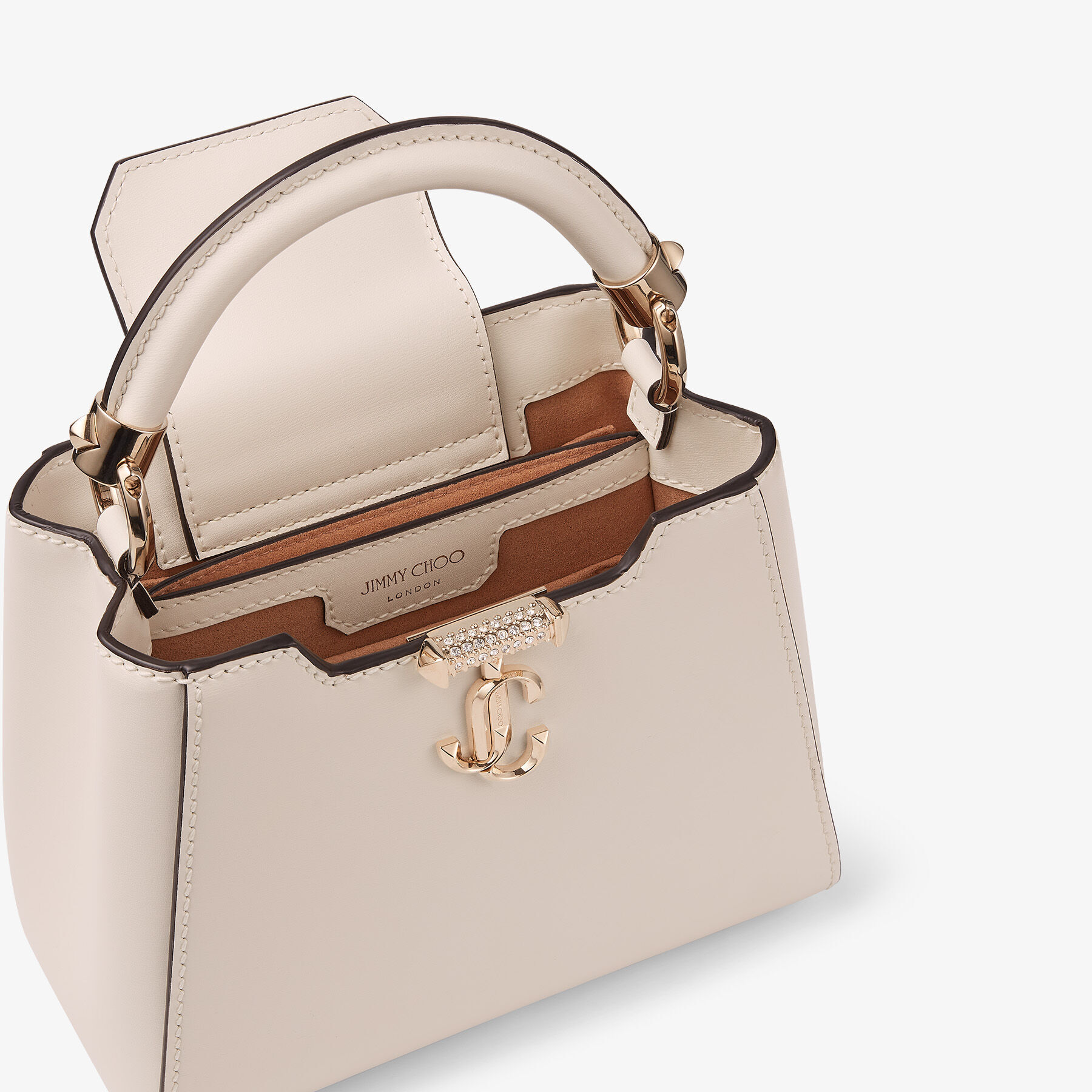 Latte Box Leather Top Handle Bag with Crystal Bar and JC