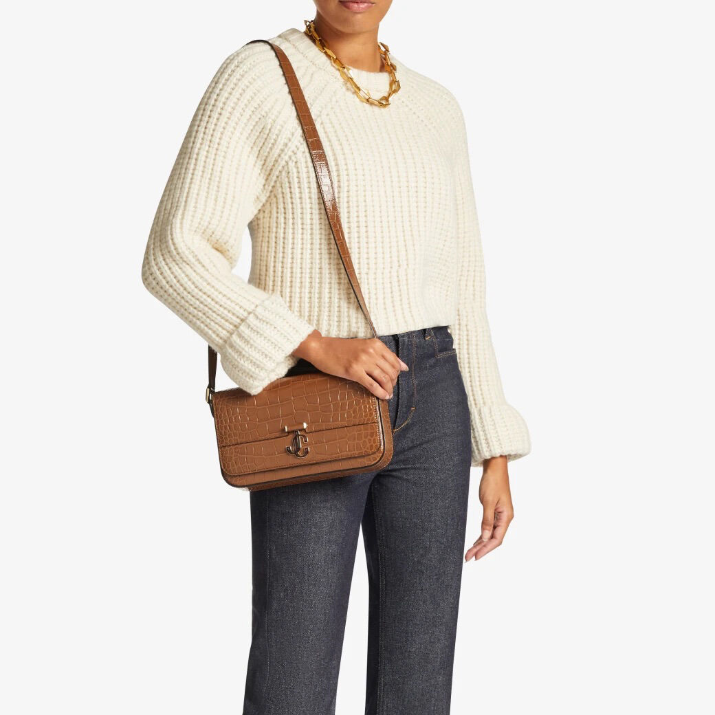 AVENUE XBODY E/W | Tan Croc-Embossed Leather Cross Body Bag