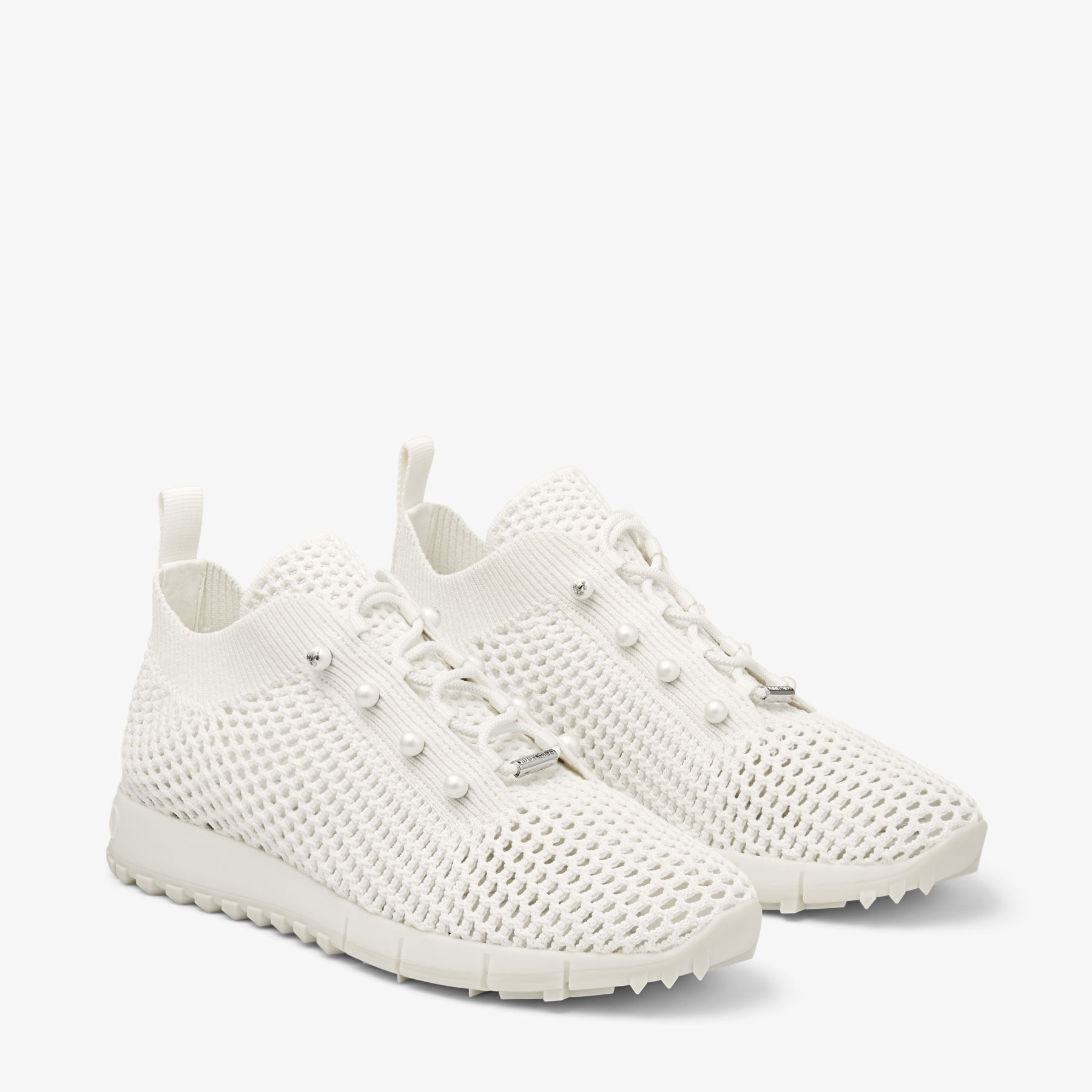 Veles | Latte Crochet Knit Low-Top Trainers with Pearls | JIMMY CHOO