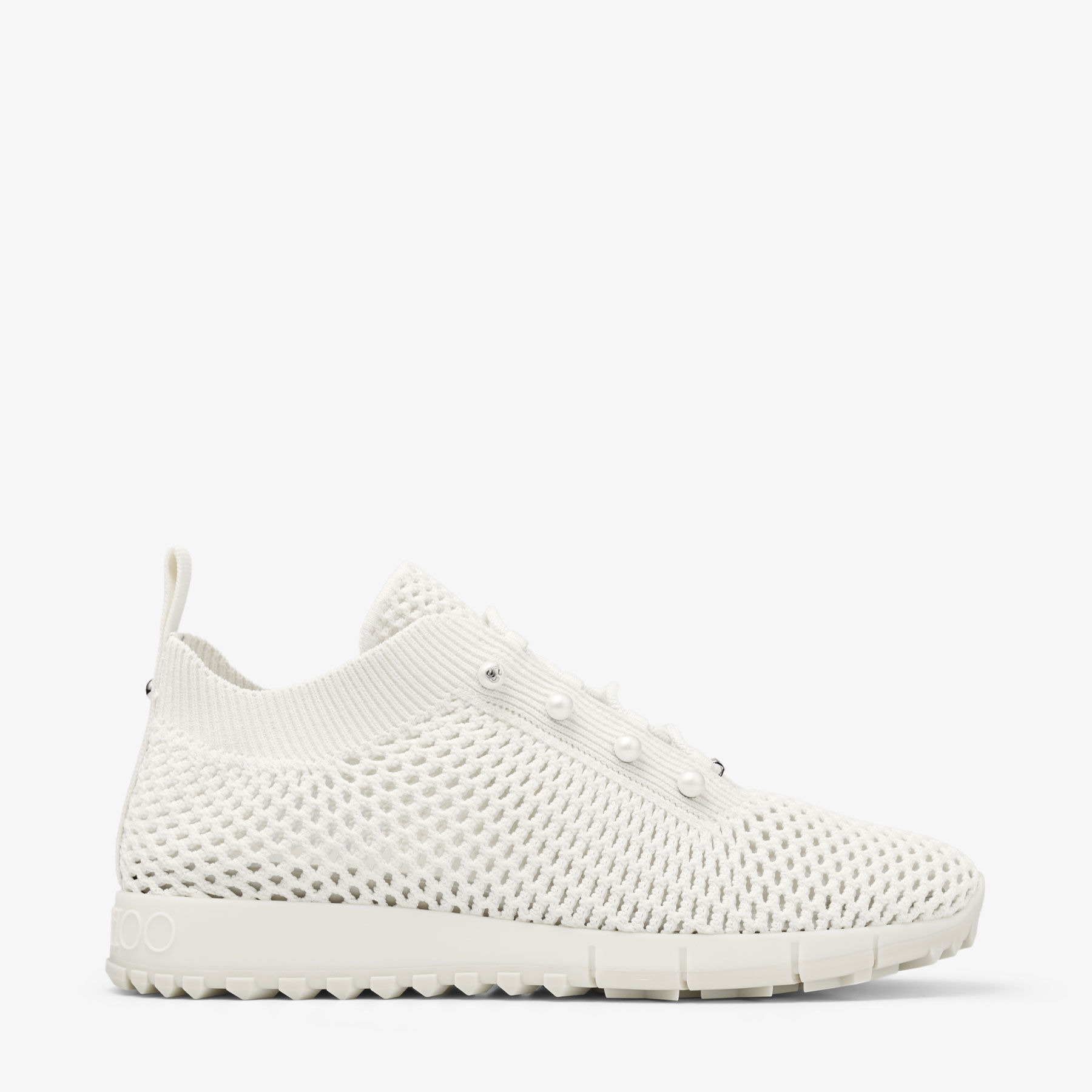 Veles | Latte Crochet Knit Low-Top Trainers with Pearls | JIMMY CHOO