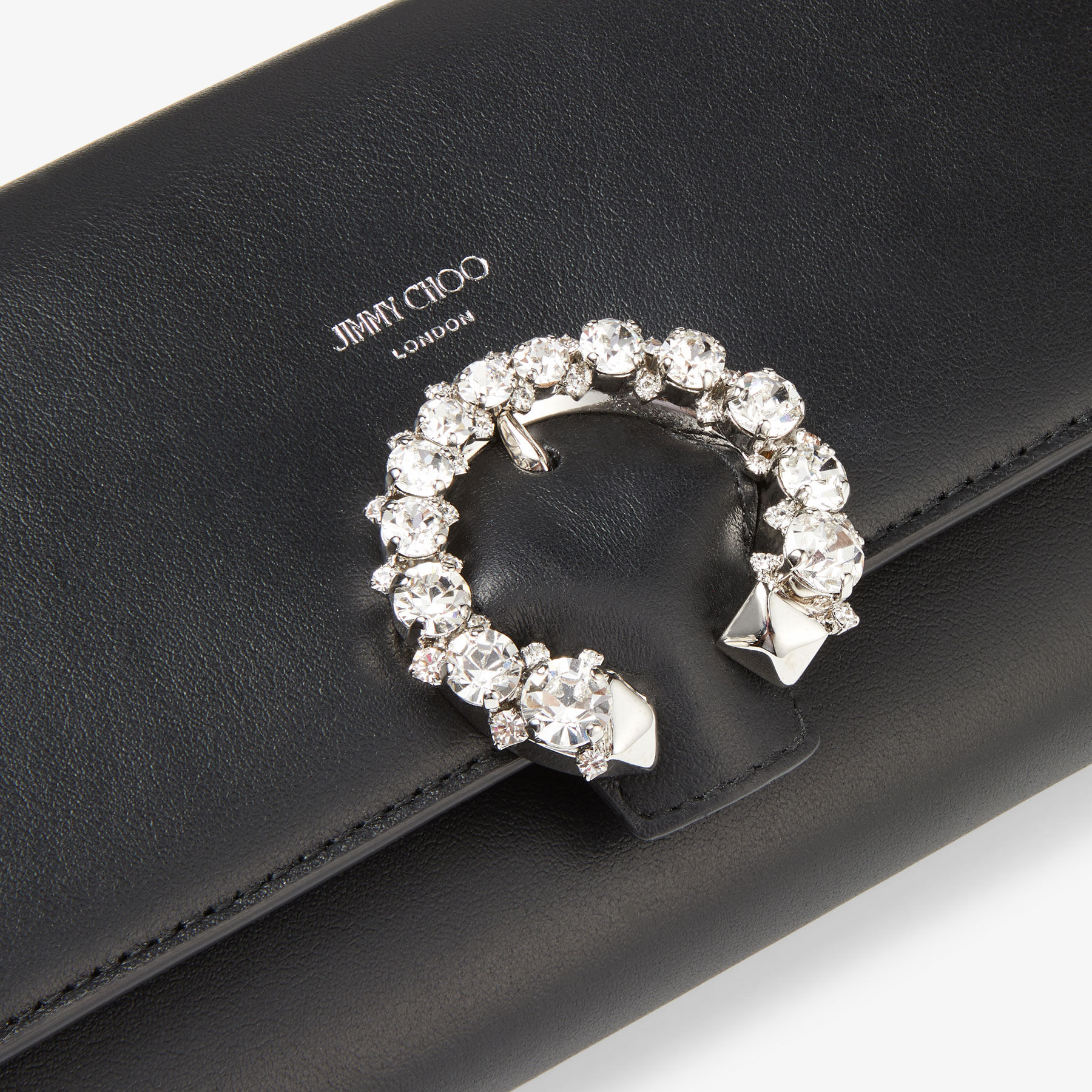 WALLET W/CHAIN | Black Calf Leather Wallet with Crystal