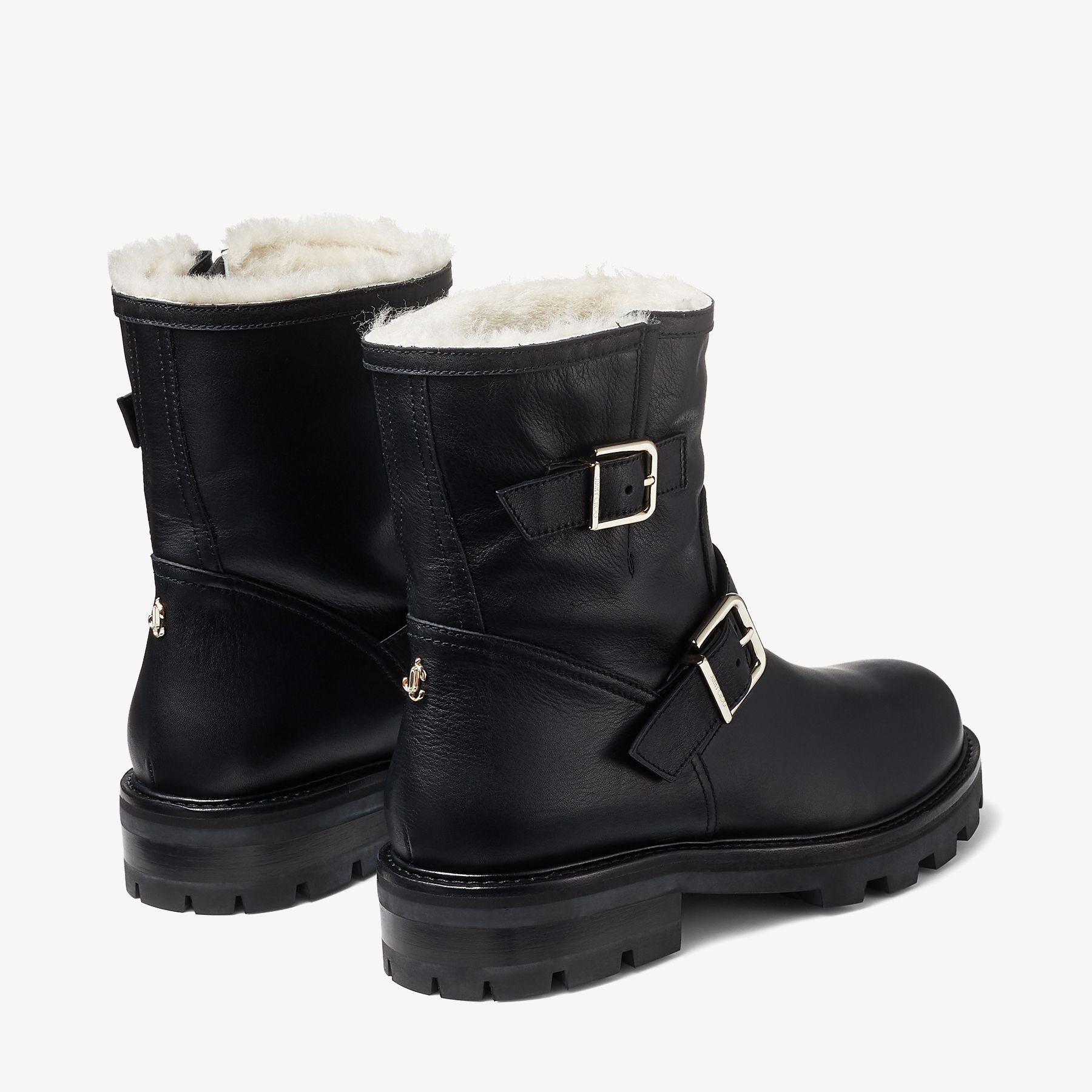 数量は多 Smooth Black Leather and Buckles Gold with Boots Biker 靴