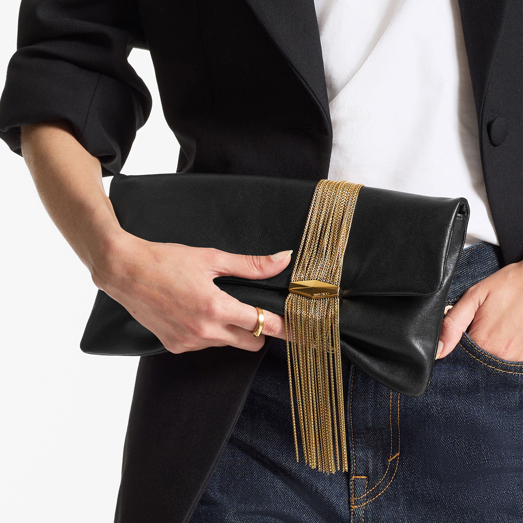 Zandra | Black Biker Leather Clutch with Chain Bracelet