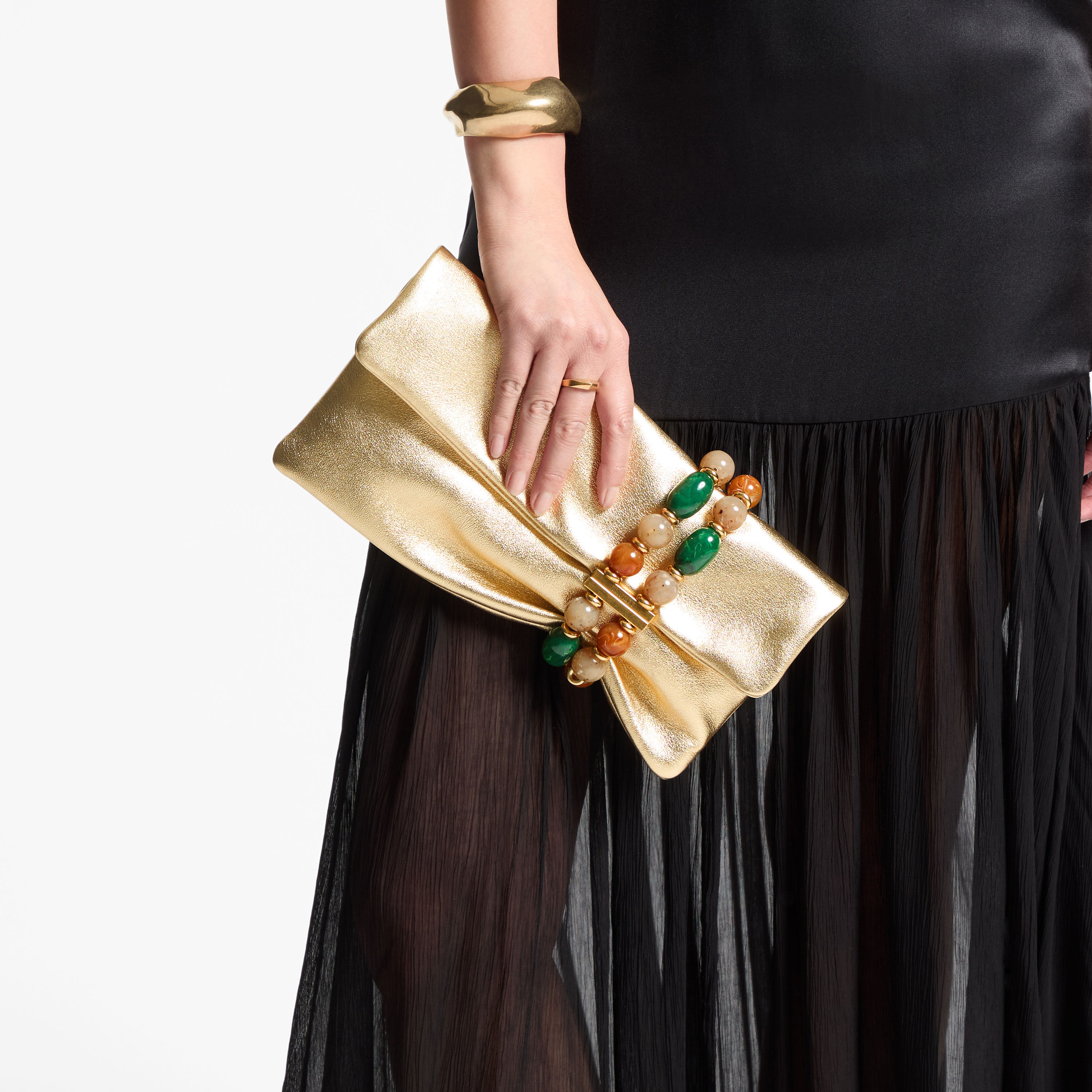 Zandra | Gold Metallic Nappa Leather Clutch Bag with Beaded