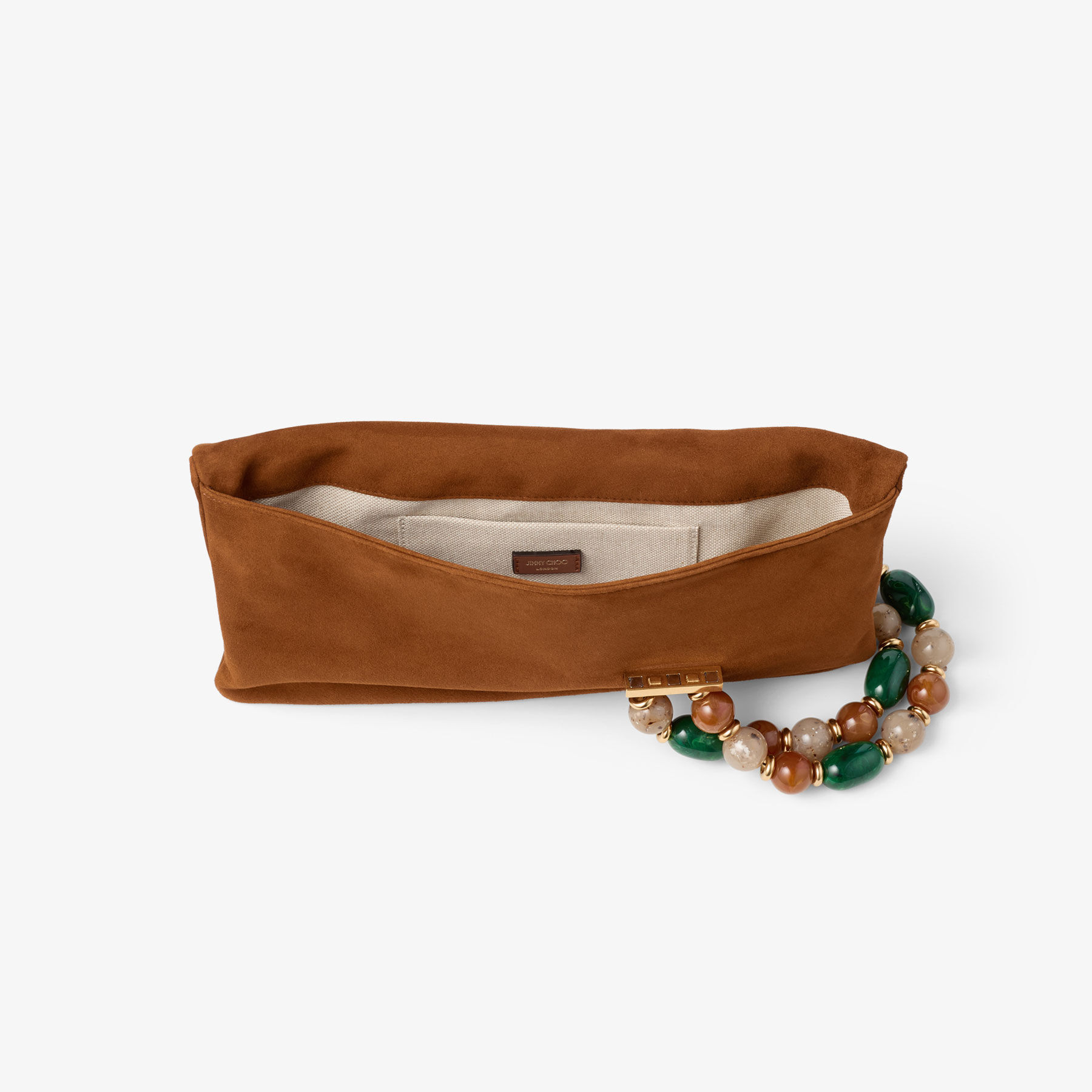 Zandra | Tan Suede Clutch Bag with Beaded Bracelet | JIMMY CHOO