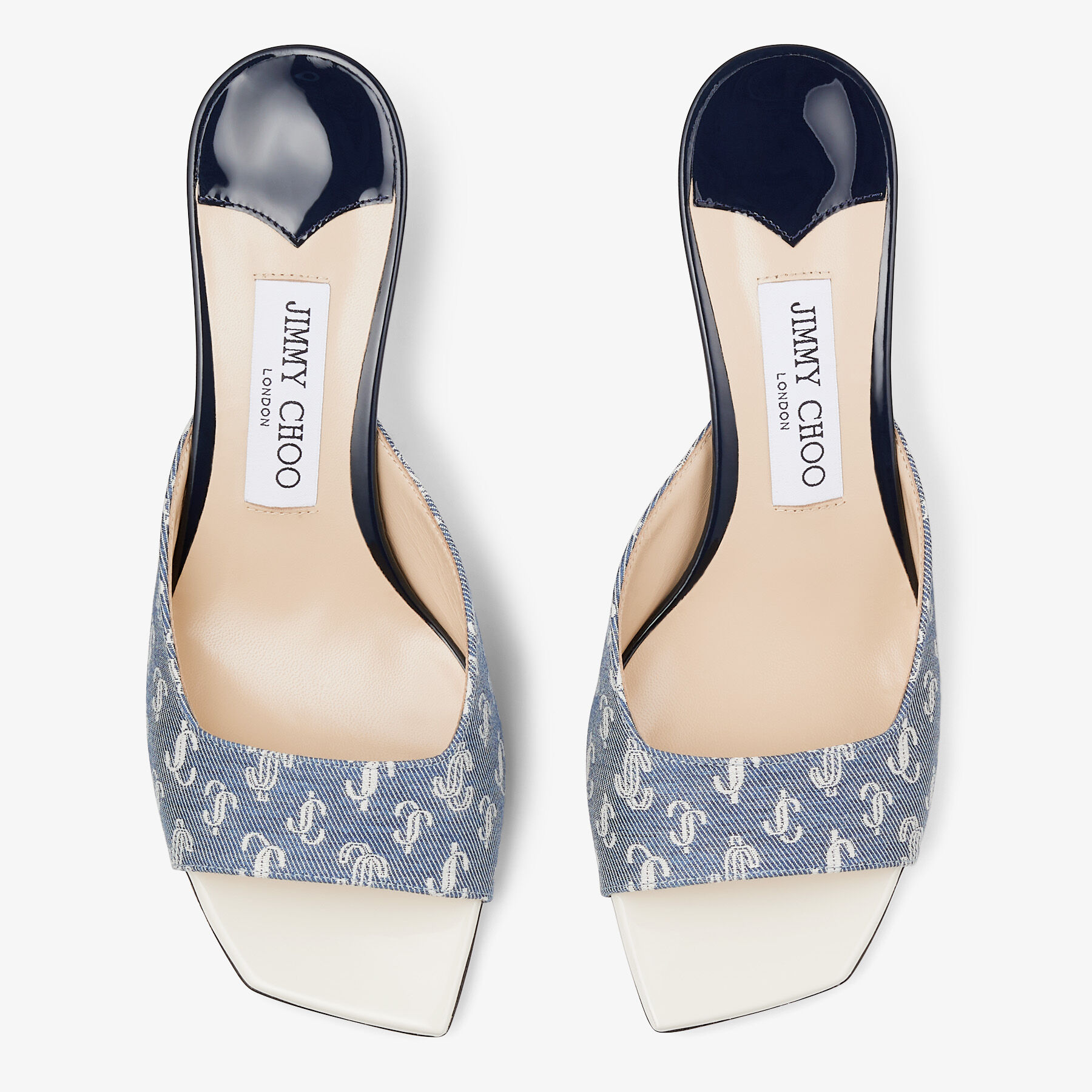 ZANIA 65 | Denim JC Monogram and Latte Patent Leather Mules