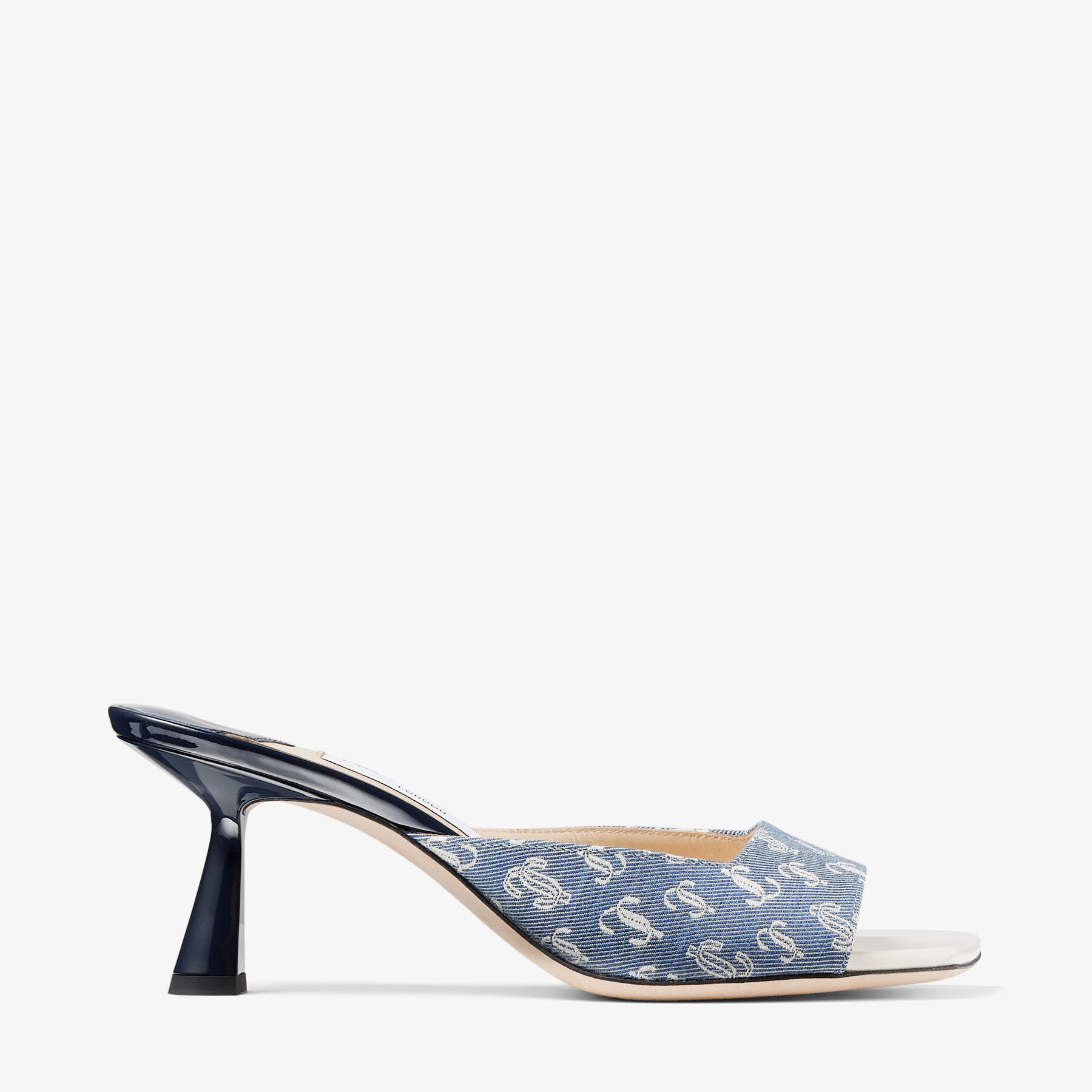 ZANIA 65 | Denim JC Monogram and Latte Patent Leather Mules