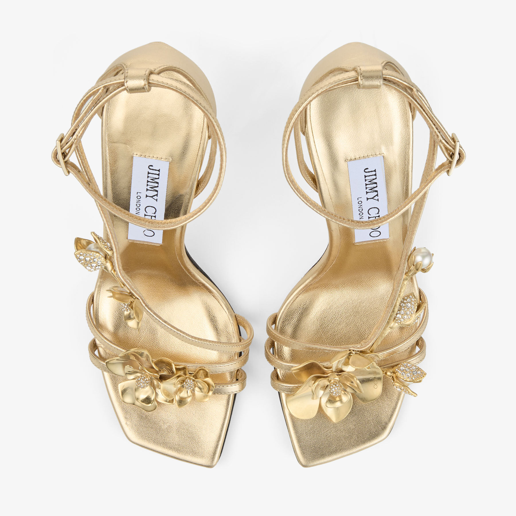 Zea 95 | Gold Metallic Nappa Leather Sandals with Metal Flowers