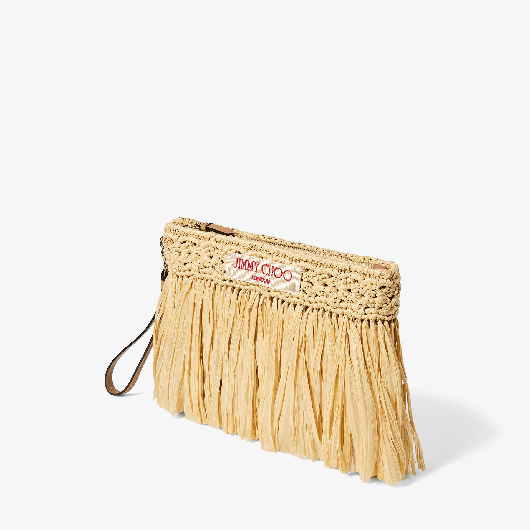 ショルダーバッグ JIMMY CHOO Zipped Flat Pouch | Natural and Light Gold Woven Raffia Zipped
