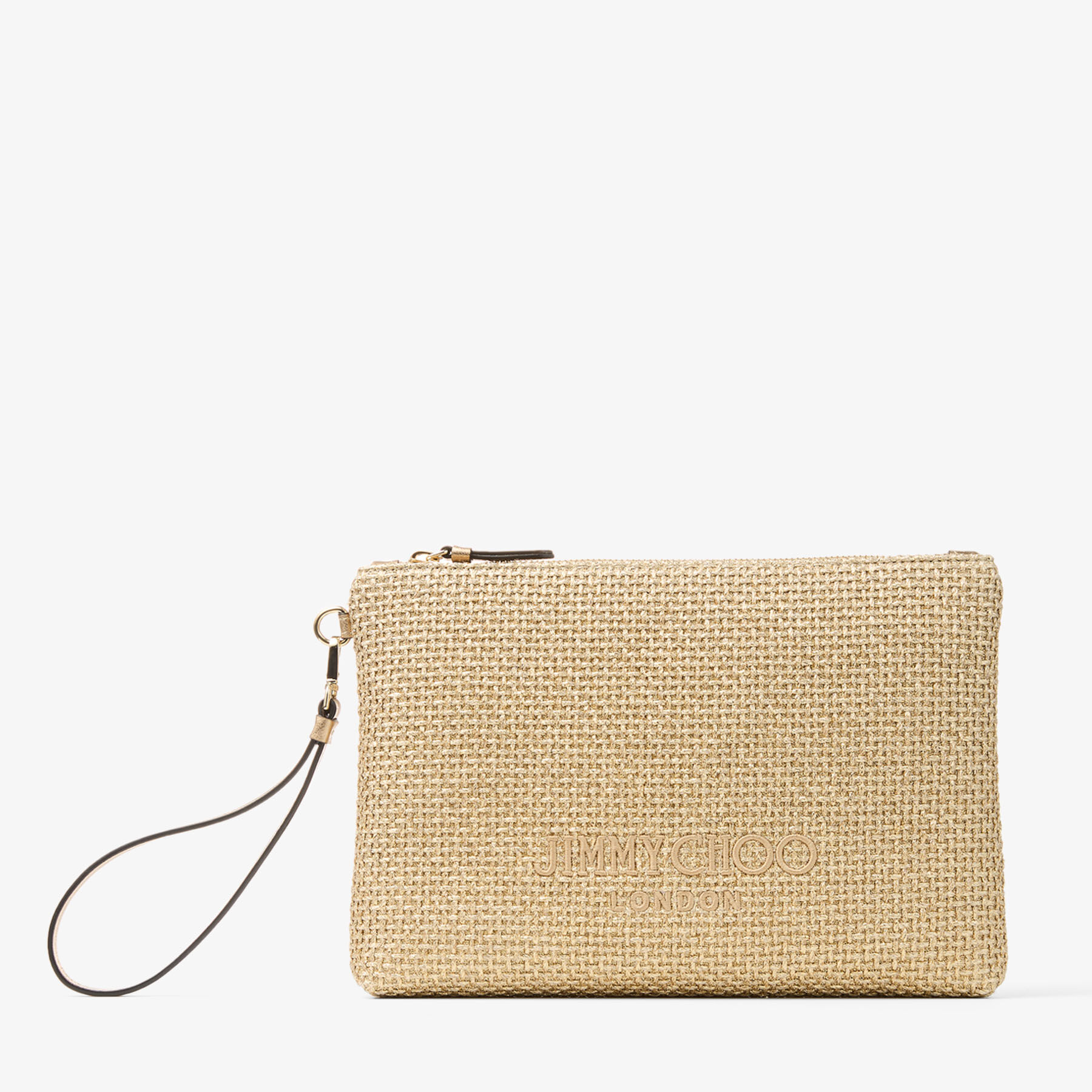 Zipped Flat Pouch | Gold and Dark Cappuccino Metallic Raffia