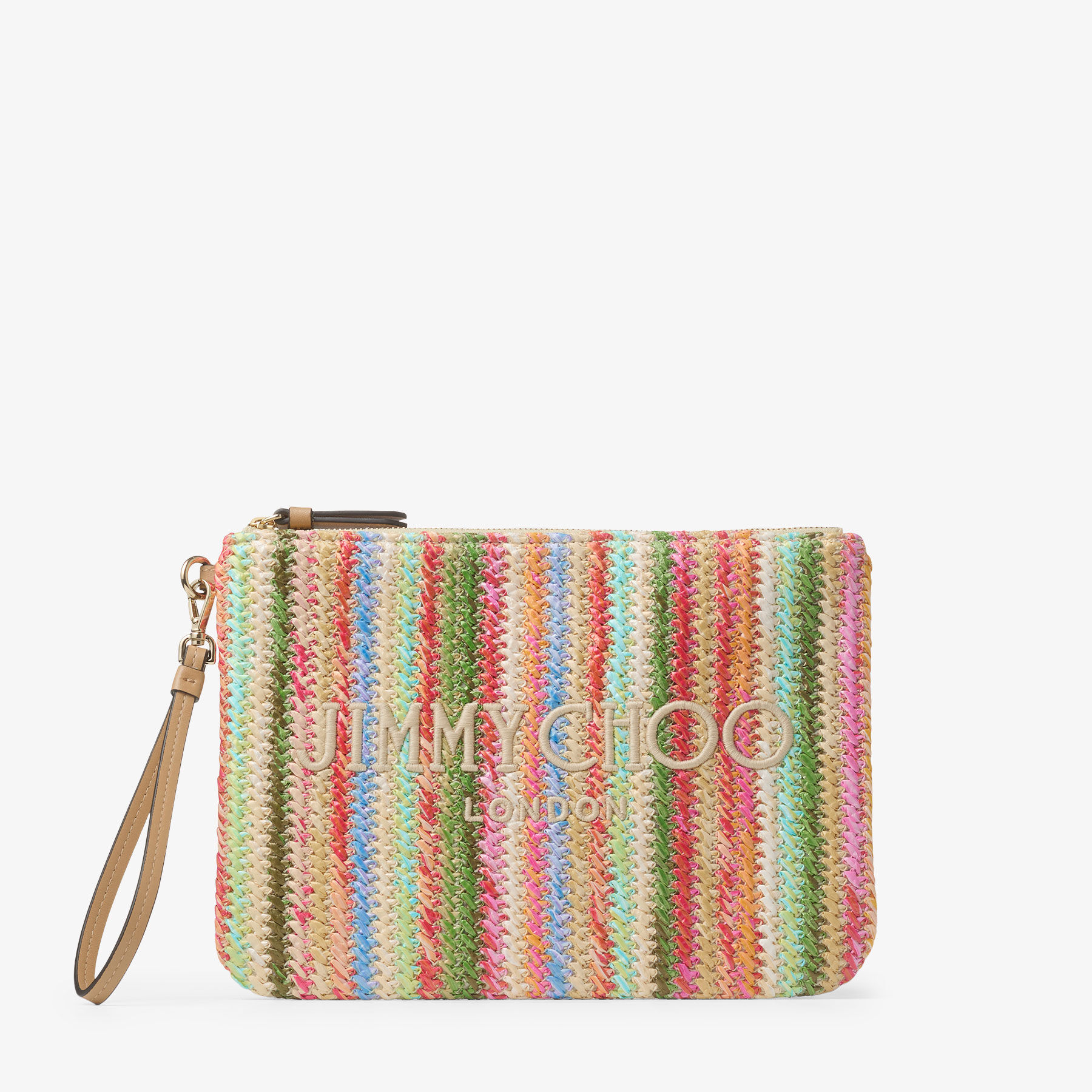 Zip Top Pouch | Ecru Striped Raffia Pouch | JIMMY CHOO