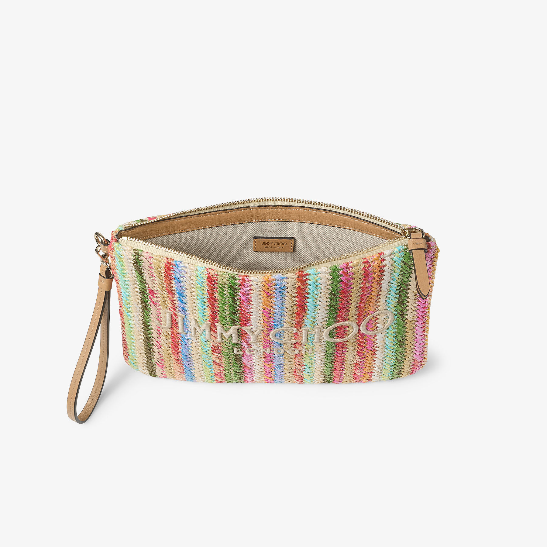 JIMMY CHOO Zip Top Pouch ラフィア クラッチバッグ Zip Top Pouch | Ecru Striped Raffia Pouch | JIMMY CHOO