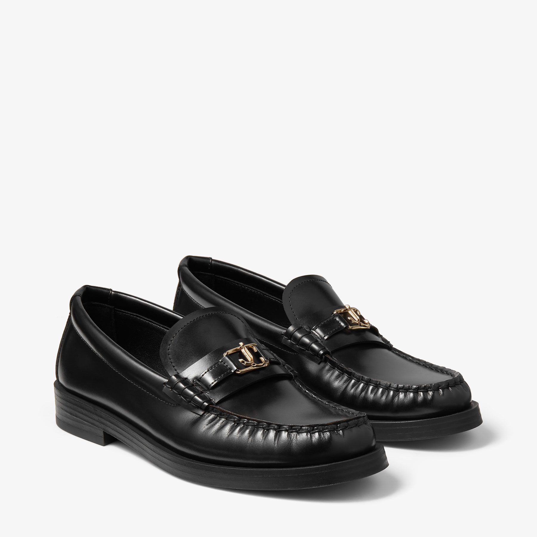 Addie/JC | Black Box Calf Leather Flat Loafers with JC