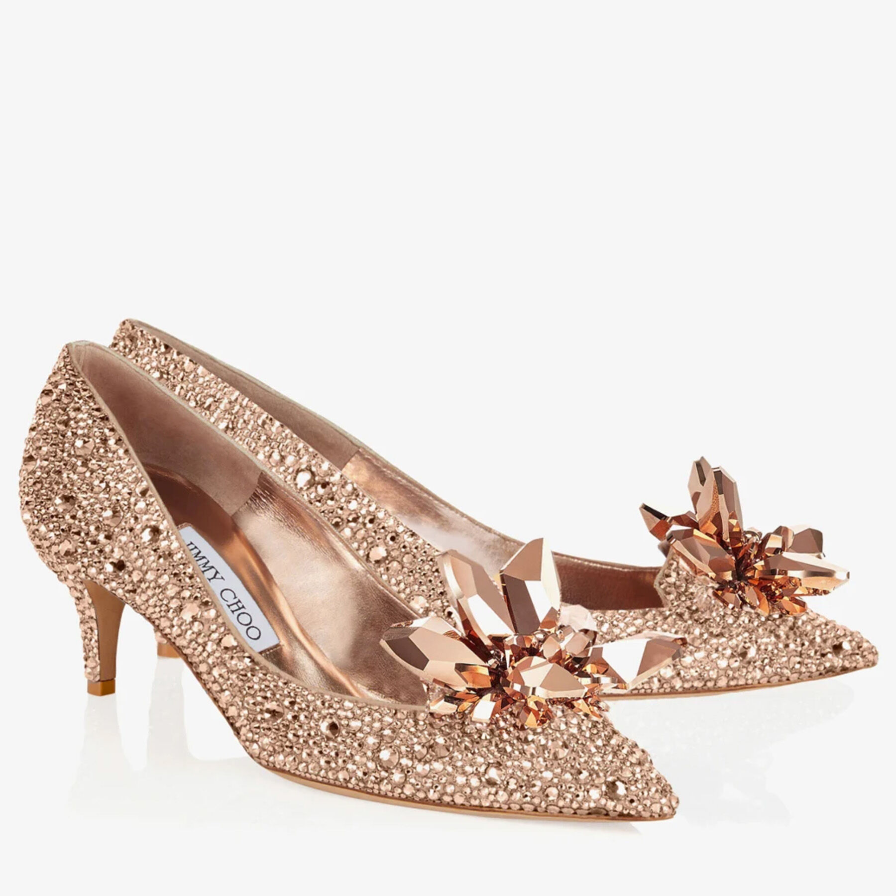 【JIMMY CHOO】ピンクゴールドのピンヒール23.5cm Rose Gold Crystal Covered Pointy Toe Pumps | ALLURE | Pre Fall 18