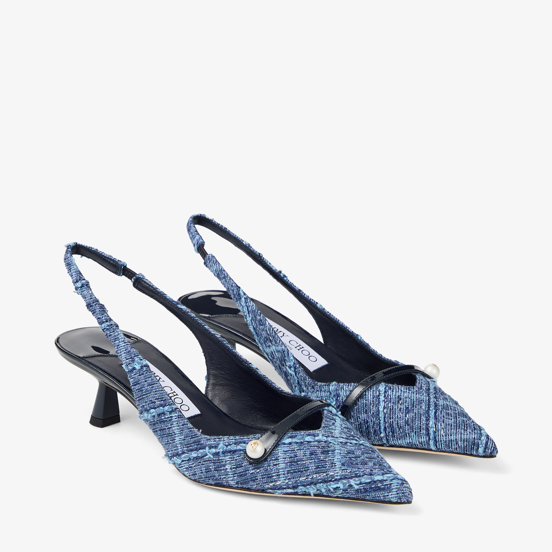 Amita 45 | Marine Crosshatch Denim and Patent Leather Slingbacks