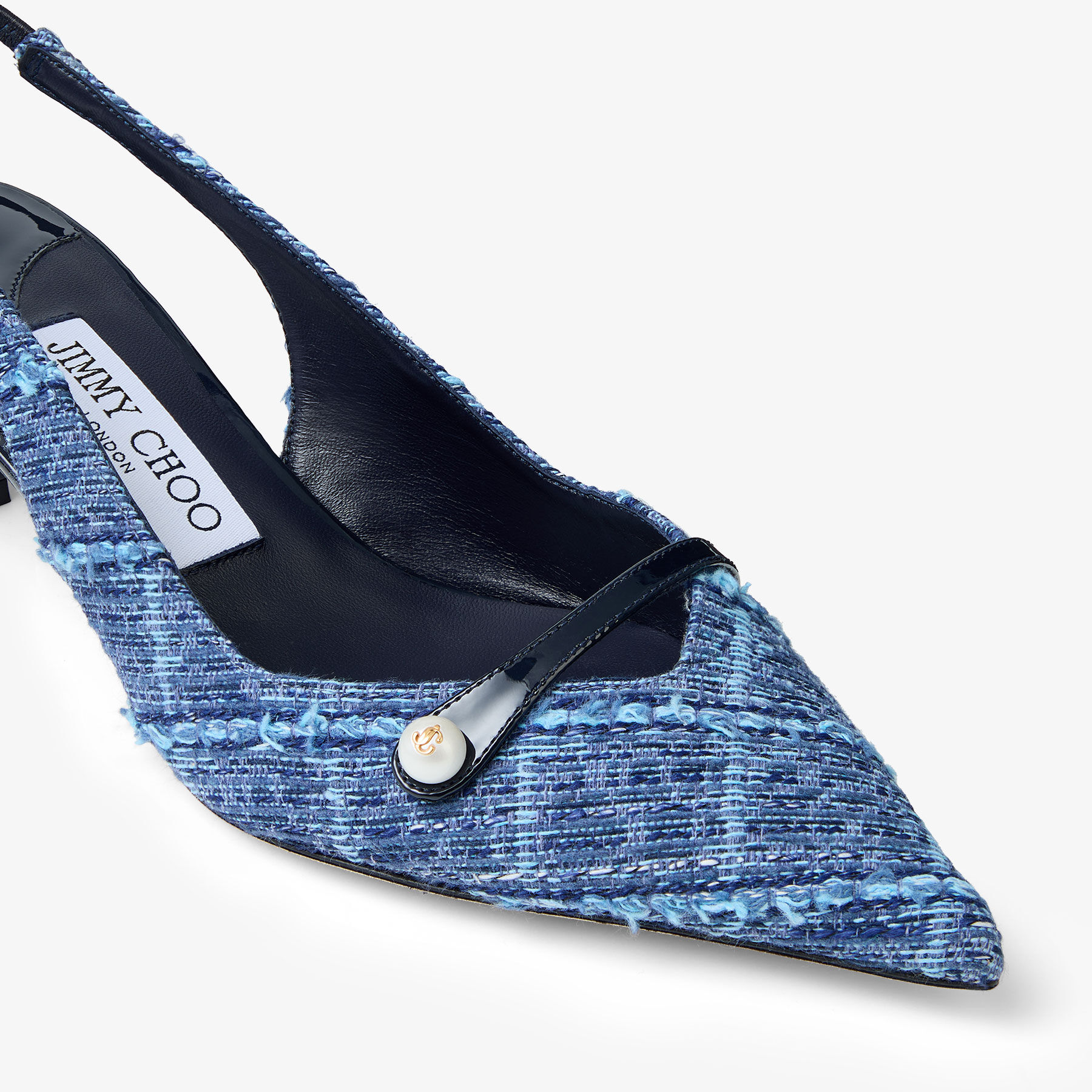 Amita 45 | Marine Crosshatch Denim and Patent Leather Slingbacks