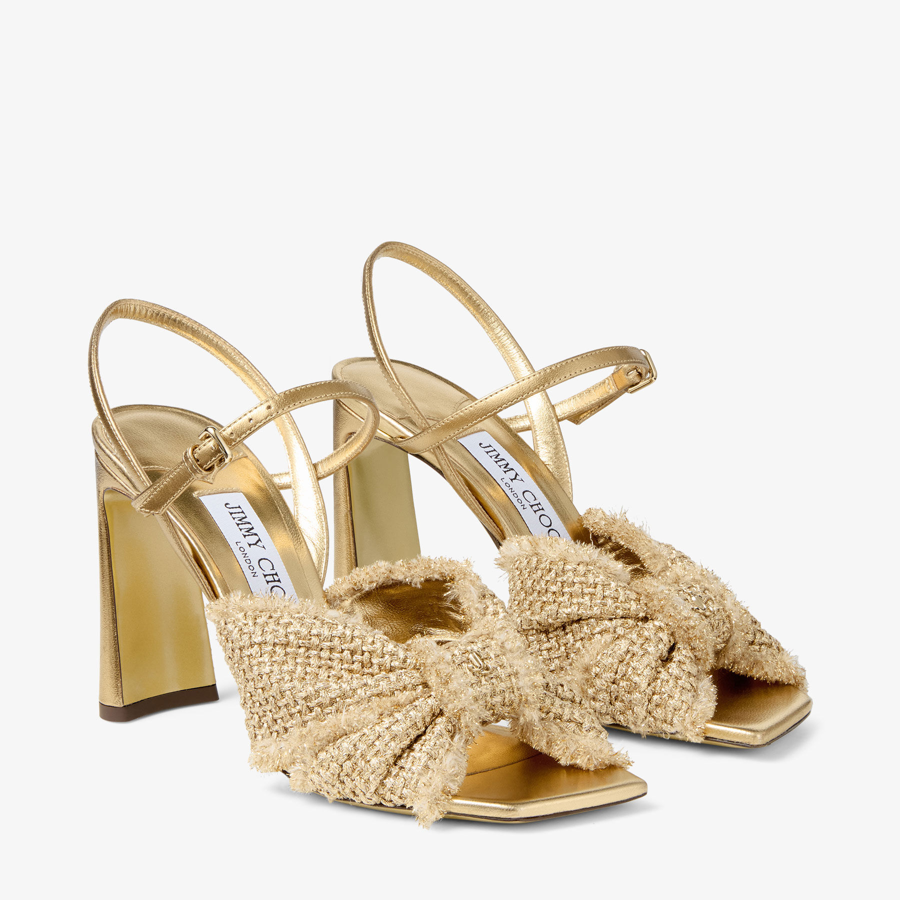 【25SS NEW】Jimmy Choo / Annika 95 リボン装飾付きサンダル Annika 95 | Gold Woven Fabric & Nappa Leather Sandals