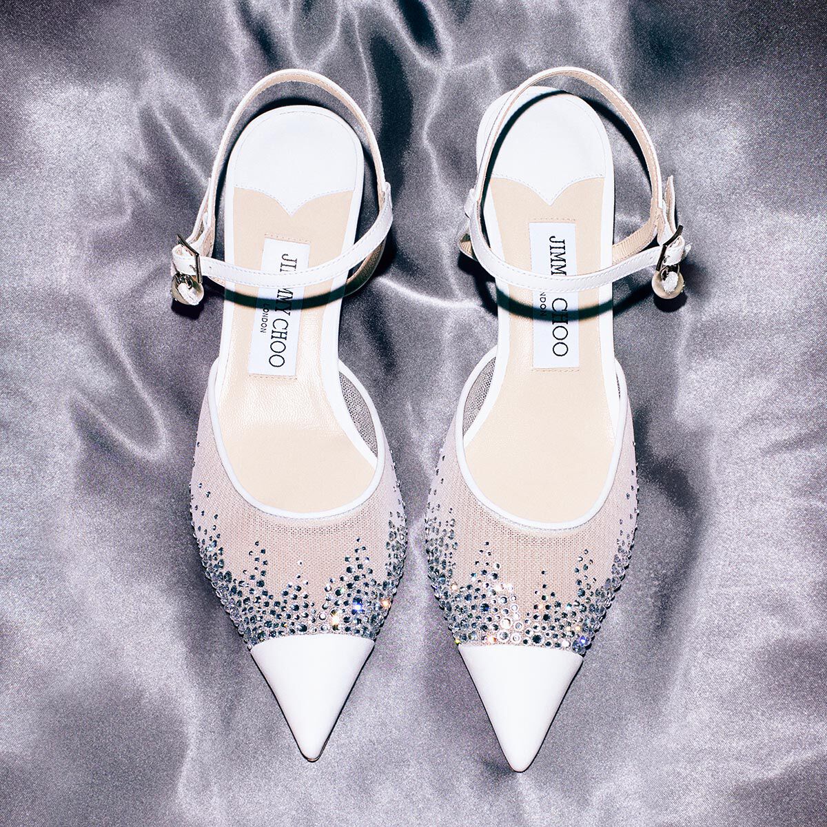 Aren Sling Back 45 | White Crystal Mesh Slingbacks with Pearl