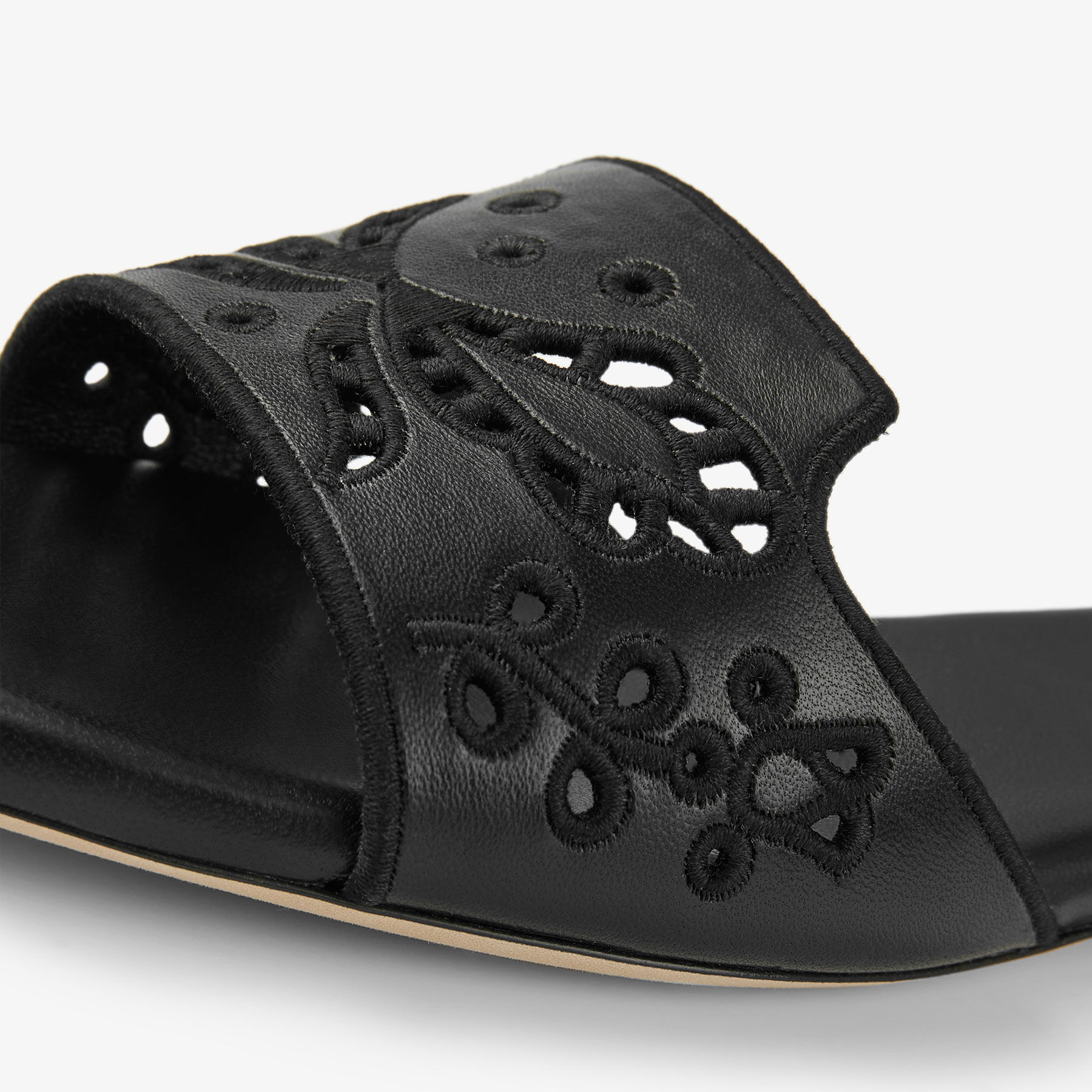 Ariane Flat | Black Nappa Leather Slide with Sangallo Embroidery