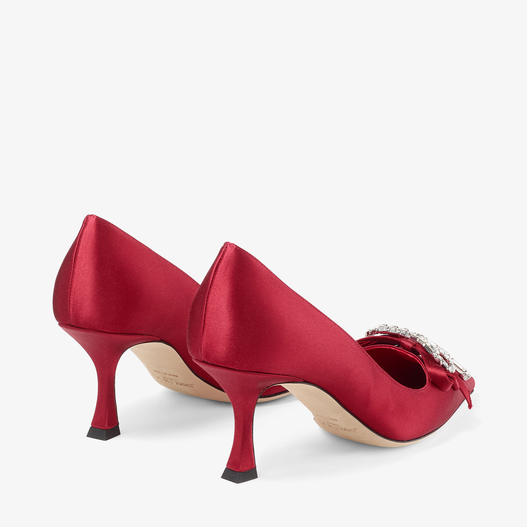 Auria 70 | Ruby Red Satin Pumps with Satin and Crystal Bow | JIMMY