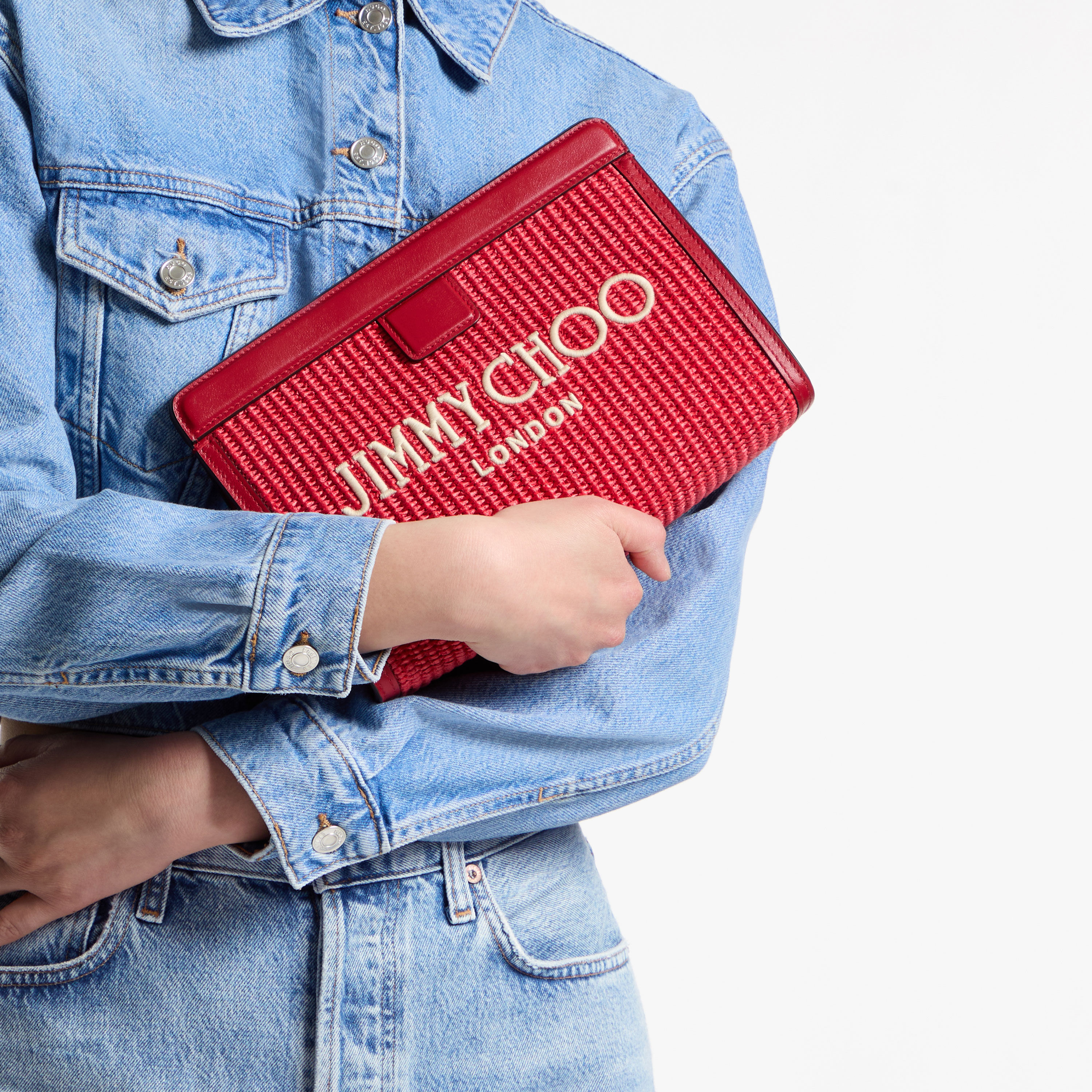 Avenue London Pouch | Ruby Red and Light Gold Embroidered Raffia