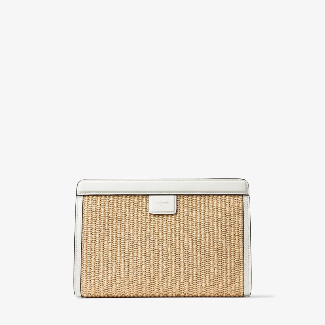 Avenue Pouch | Natural/Latte Embroidered Raffia and Leather Pouch