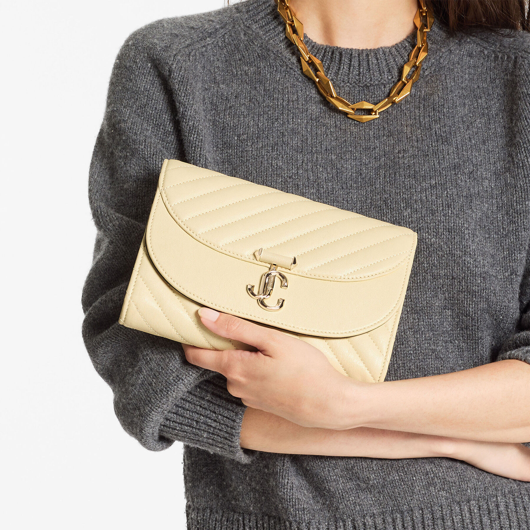 Curve Clutch | Buttermilk Quilted Biker Leather Clutch | JIMMY CHOO