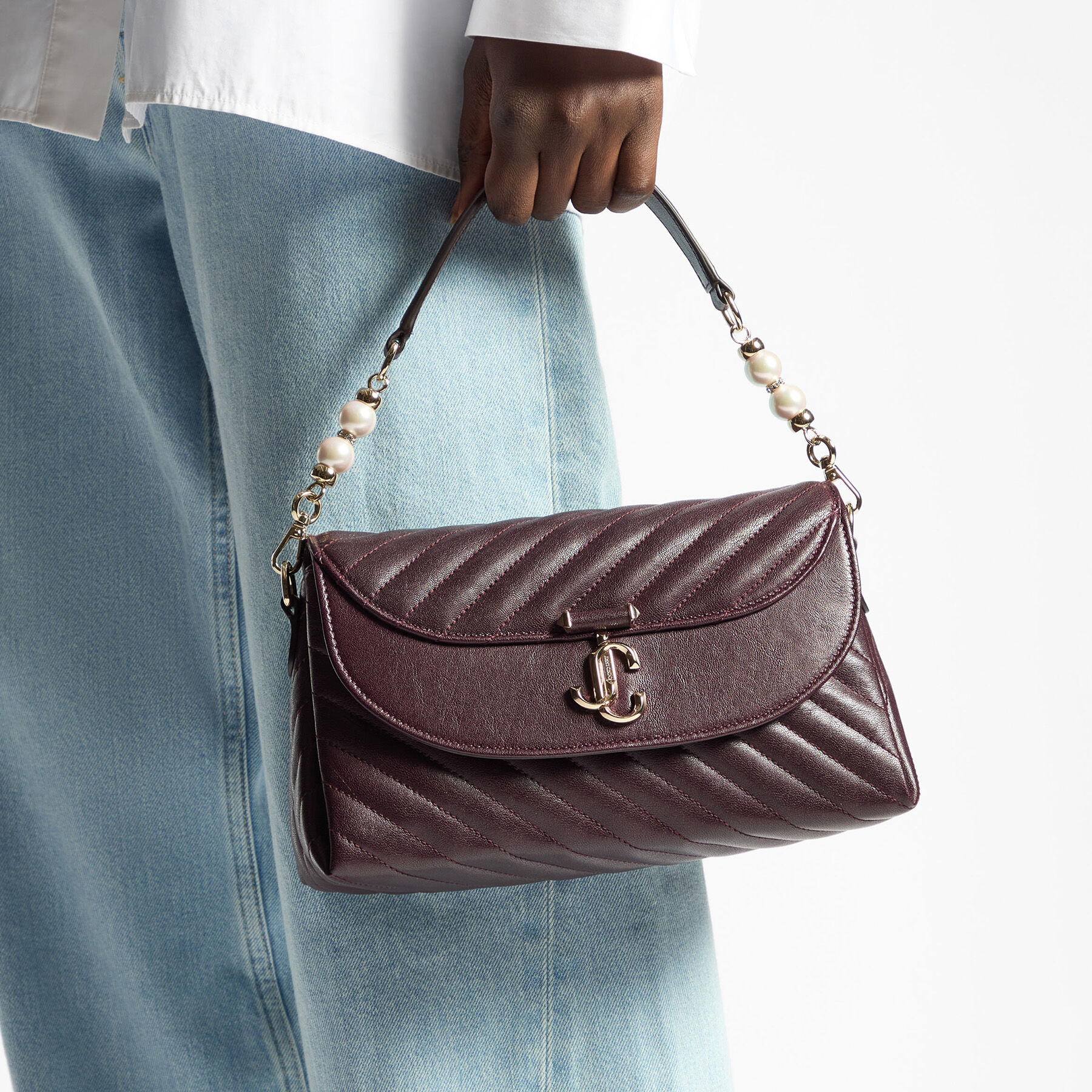 JIMMY CHOO ハンドバッグ Curve Top Handle | Deep Merlot Quilted Biker Leather Crossbody Bag