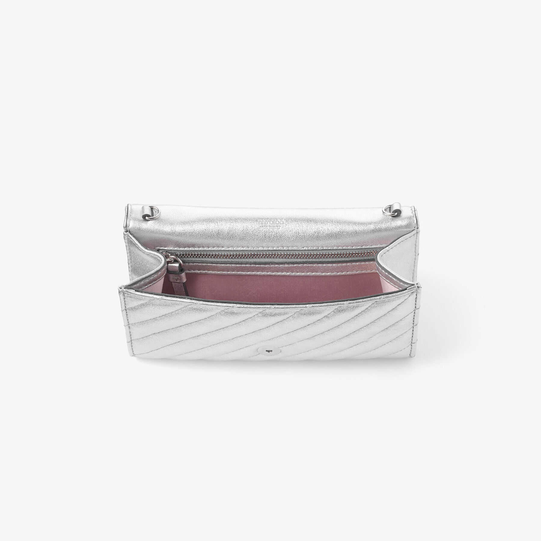 Curve Wallet With Chain | Silver Quilted Metallic Nappa Leather
