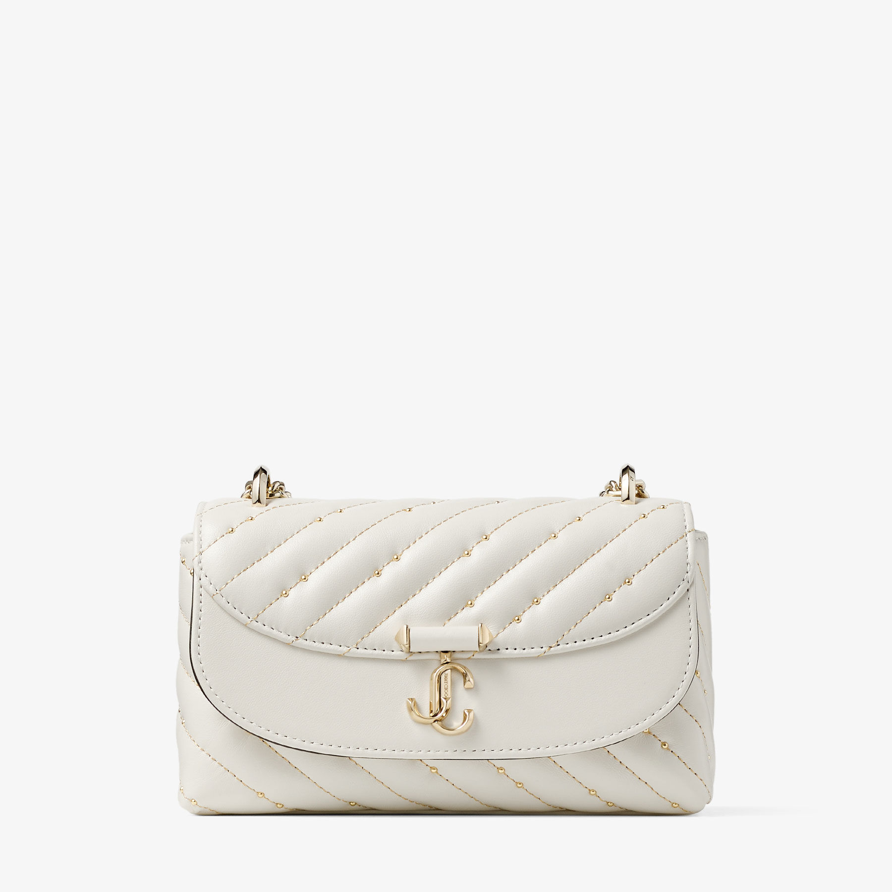 【A91】2WAYショルダーバッグ JIMMY CHOO ホワイト Avenue Curve Crossbody Small | Latte Quilted Nappa Leather