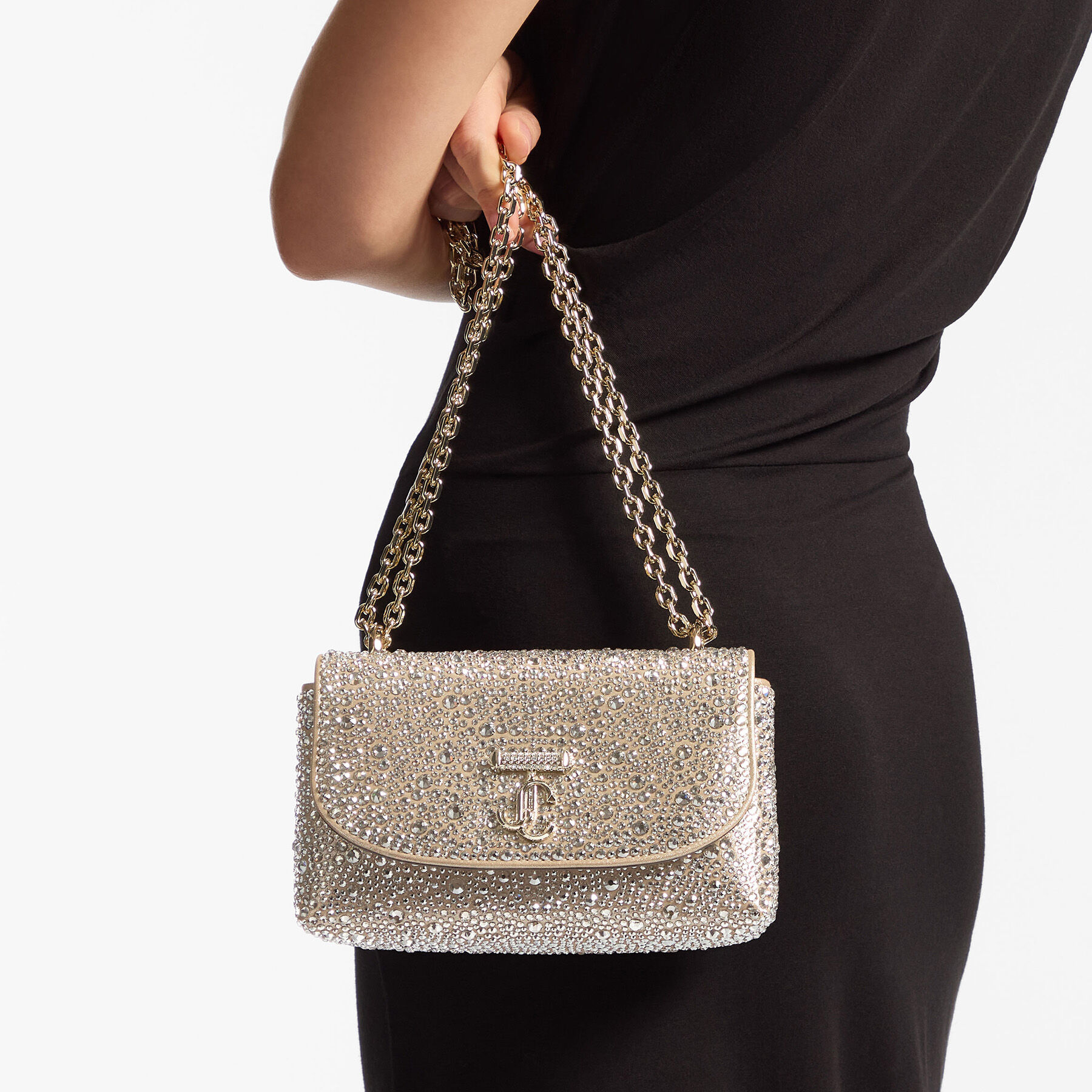 Curve Crossbody S | Gold Shimmer Suede Crossbody Bag with Hotfix