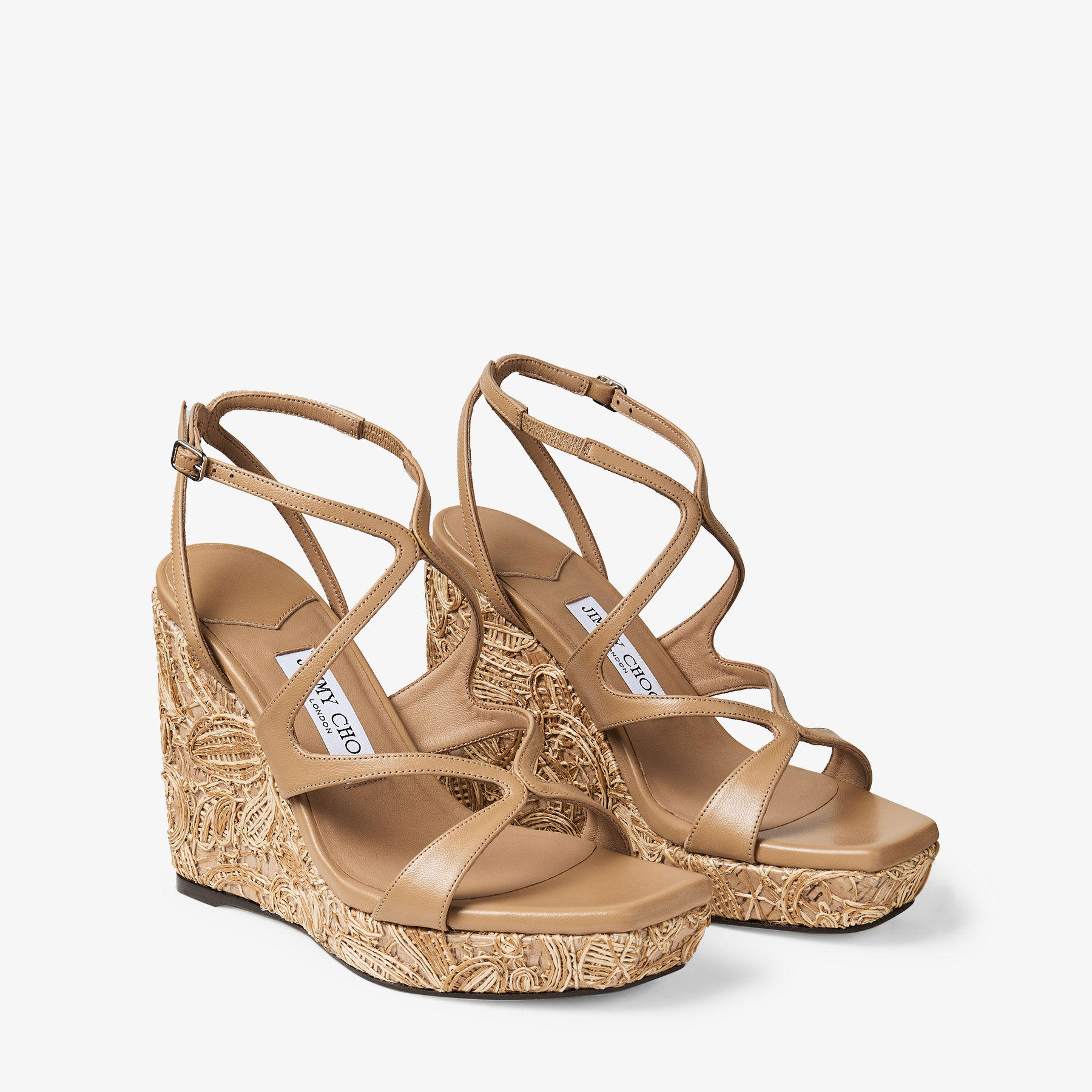 Ayla 110 | Cappuccino Nappa Leather and Flower Woven Raffia Wedges