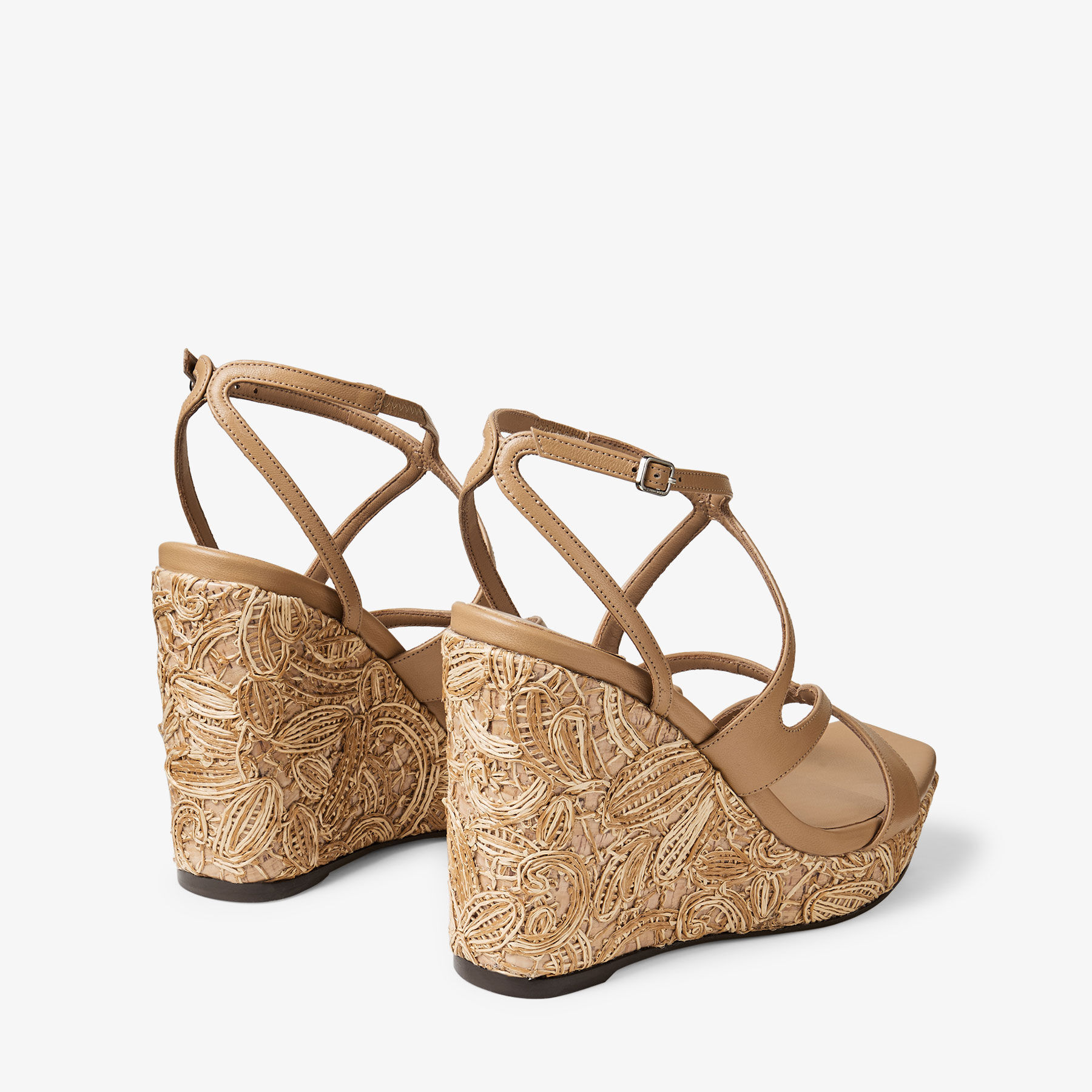 Ayla 110 | Cappuccino Nappa Leather and Flower Woven Raffia Wedges
