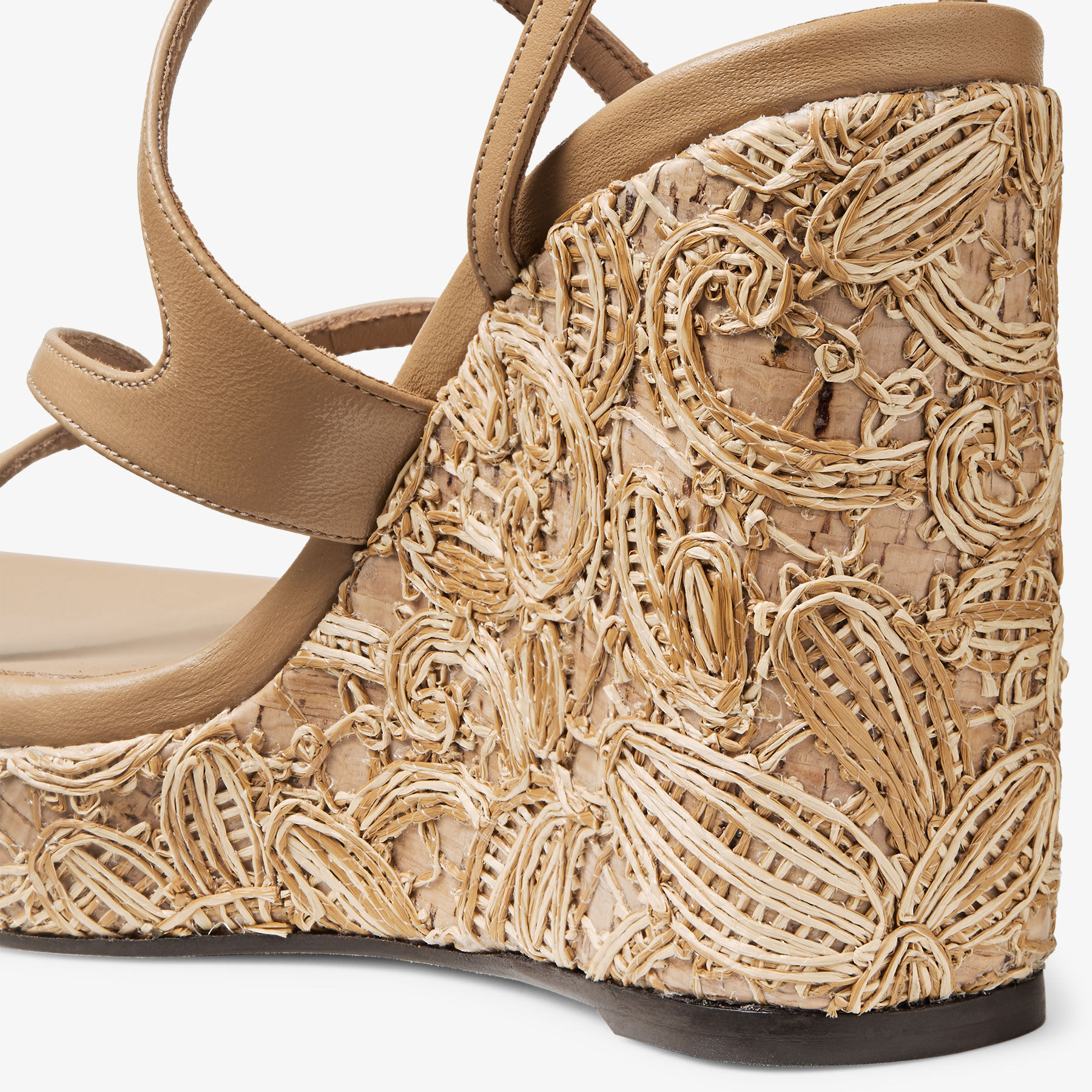 JIMMY CHOO AYLA スカーフ ジミーチュウ Ayla 110 | Cappuccino Nappa Leather and Flower Woven Raffia Wedges