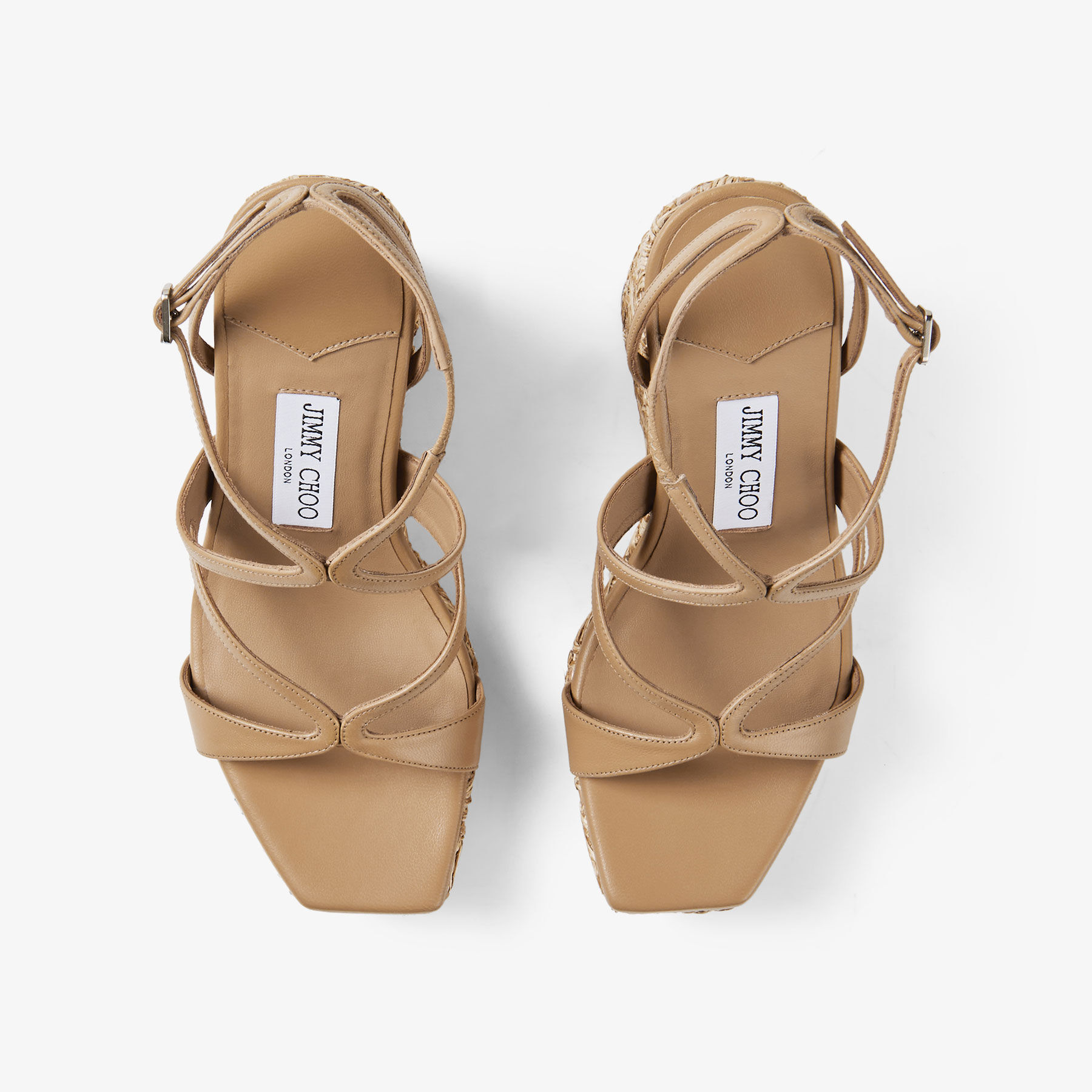 Ayla 110 | Cappuccino Nappa Leather and Flower Woven Raffia Wedges
