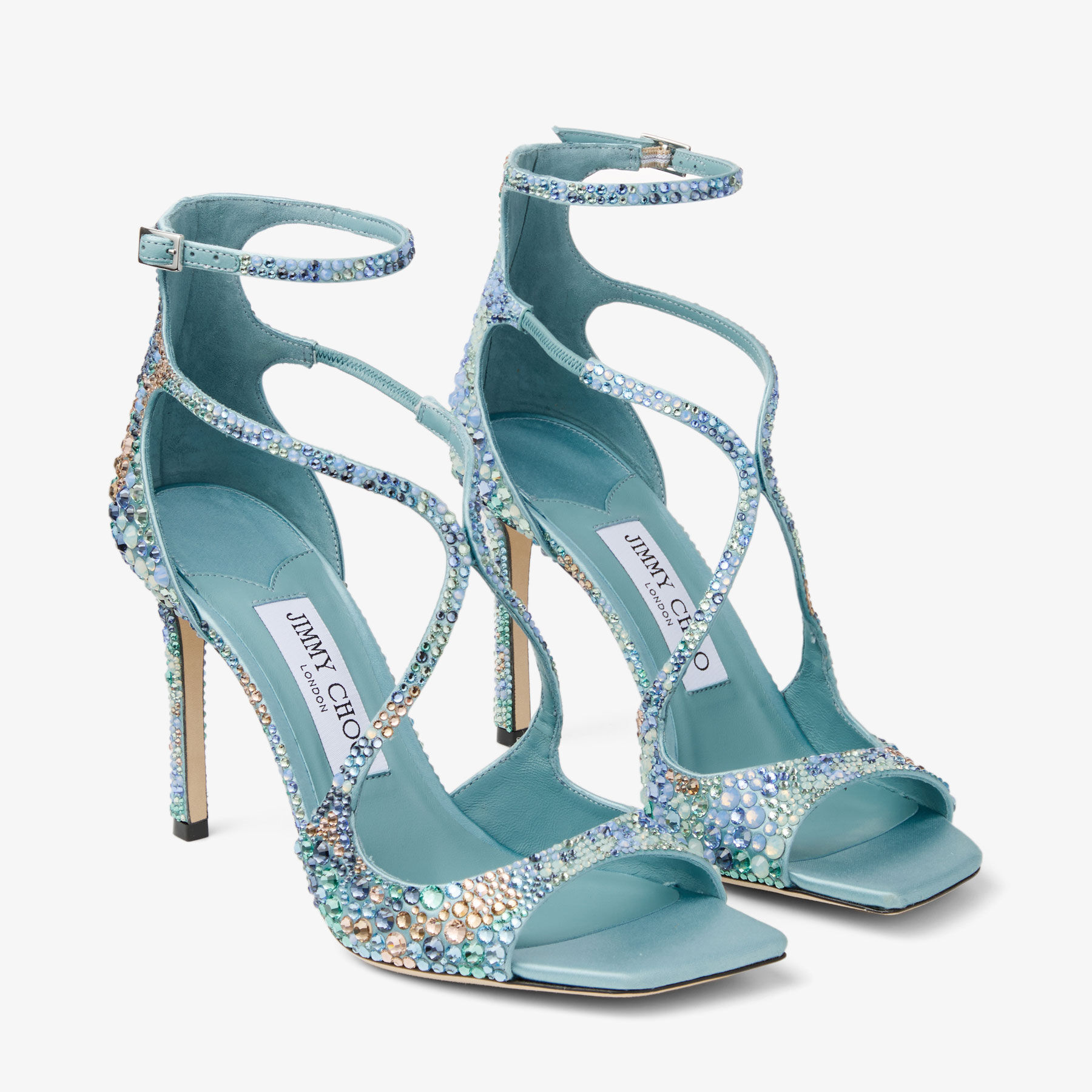 Azia 95 | Sky Mix Satin Sandals with Multi Crystal Embellishment