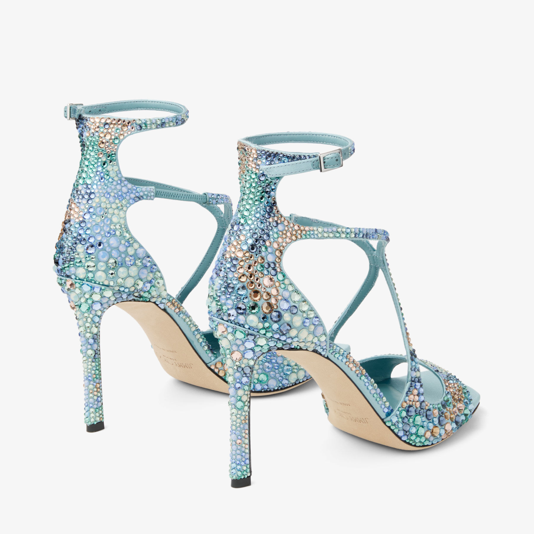 Azia 95 | Sky Mix Satin Sandals with Multi Crystal Embellishment