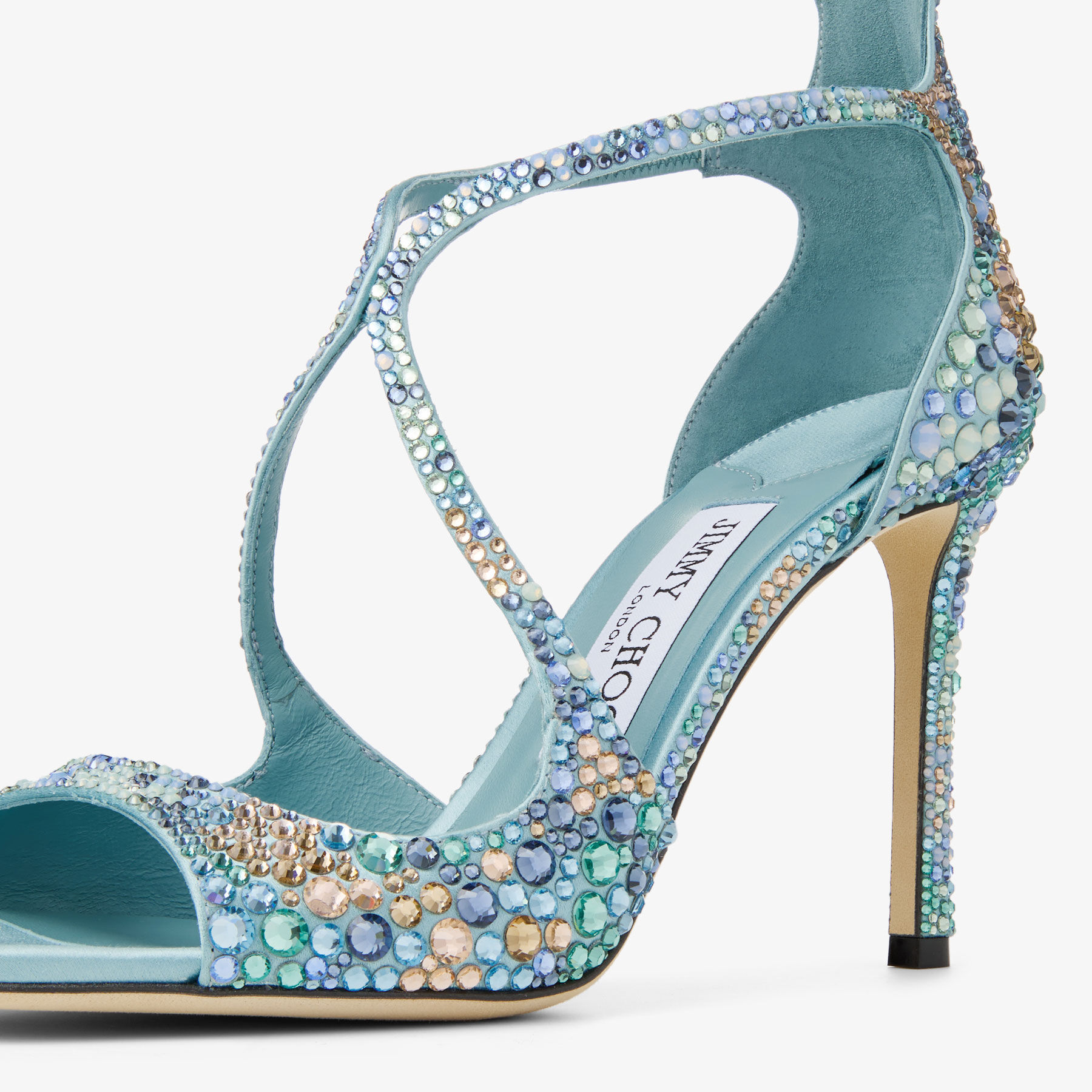 Azia 95 | Sky Mix Satin Sandals with Multi Crystal Embellishment