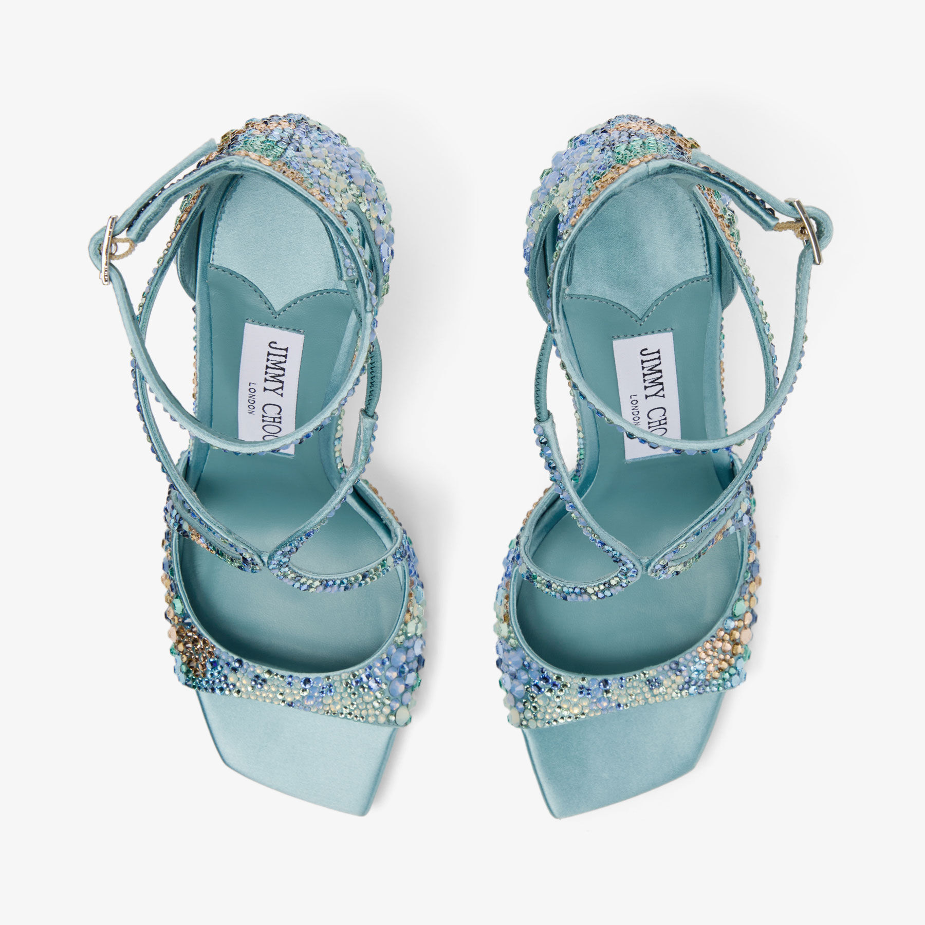 Azia 95 | Sky Mix Satin Sandals with Multi Crystal Embellishment