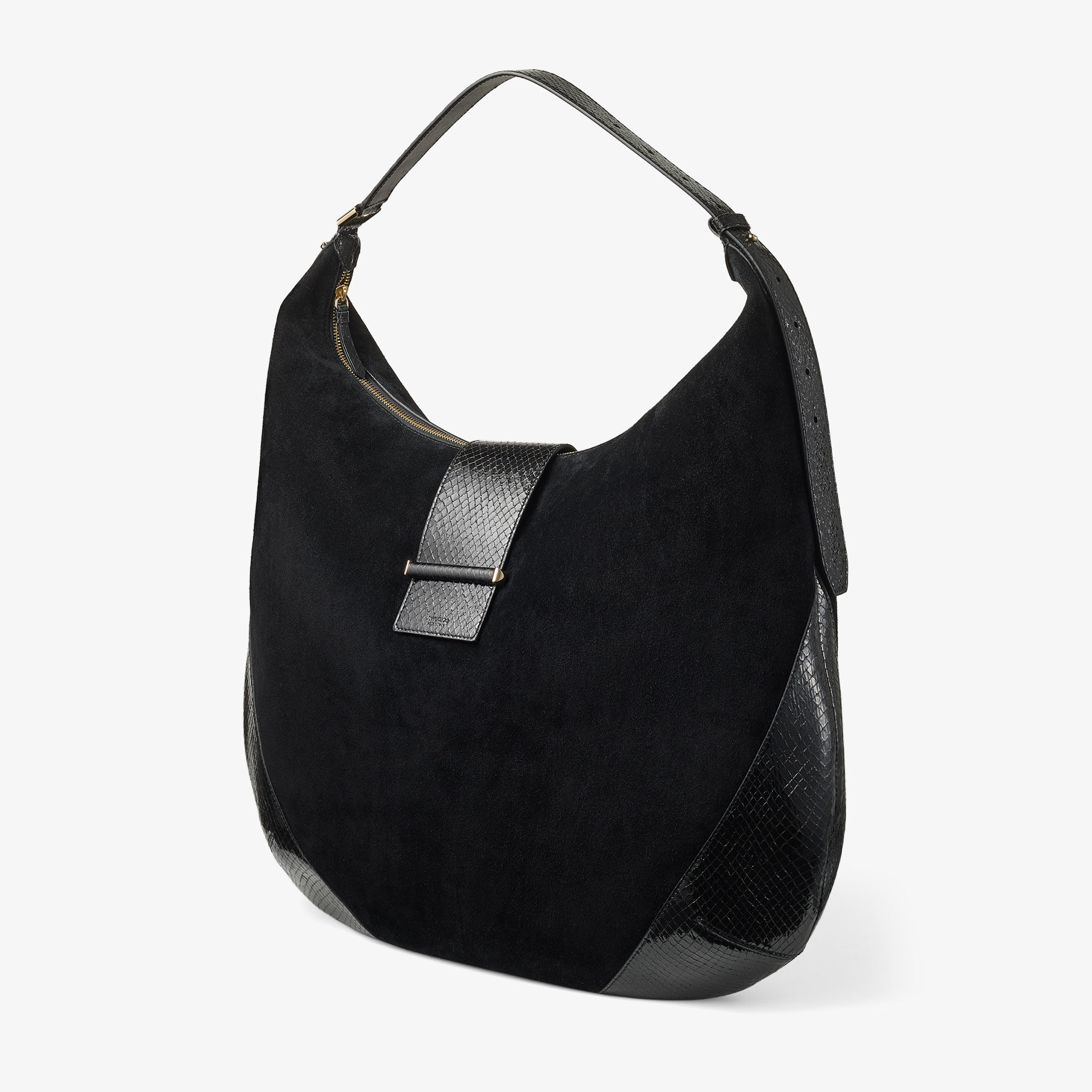 Bar Hobo L | Black Suede Shoulder Bag with Shiny Snake Printed