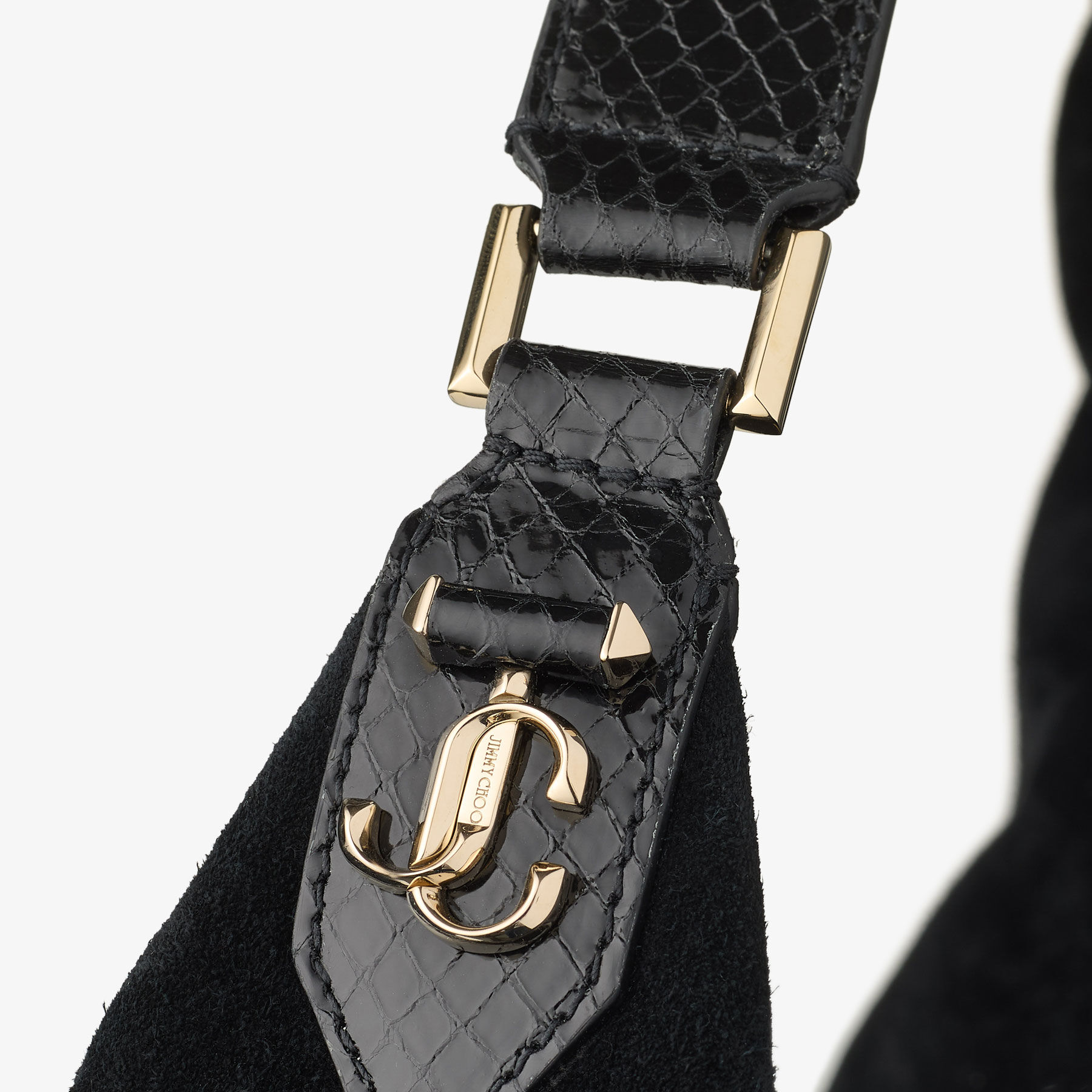 Bar Hobo L | Black Suede Shoulder Bag with Shiny Snake Printed