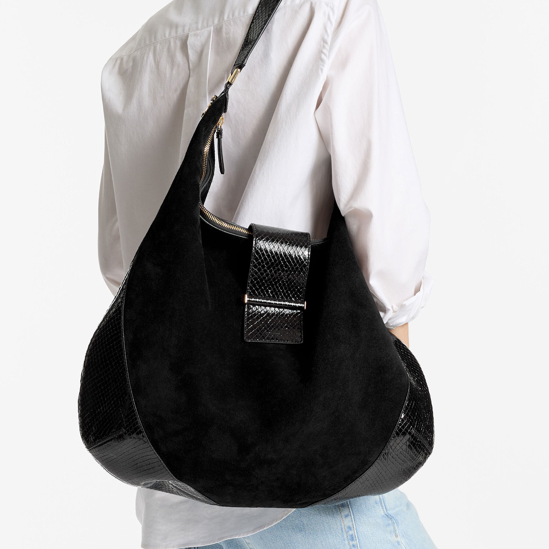 Bar Hobo L | Black Suede Shoulder Bag with Shiny Snake Printed