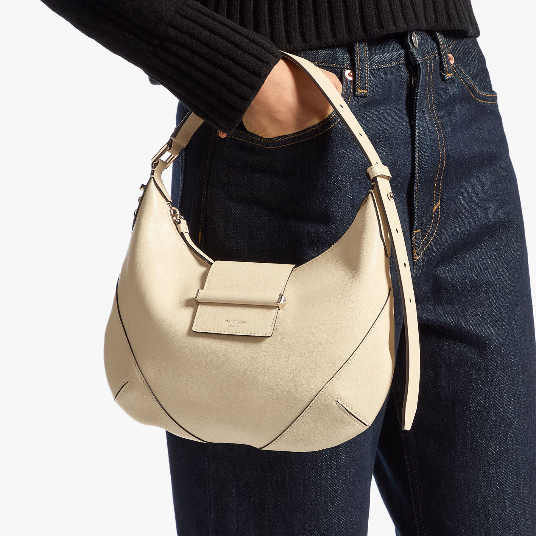 Bar Hobo S | Buttermilk Biker Leather Shoulder Bag | JIMMY CHOO