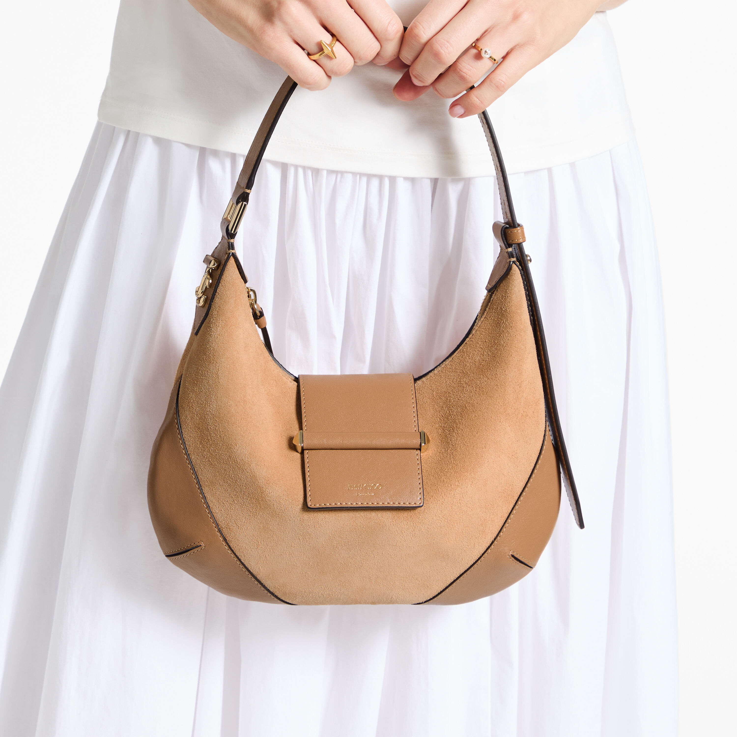 Bar Hobo Small | Toffee Suede Shoulder Bag with Biker Leather Trim