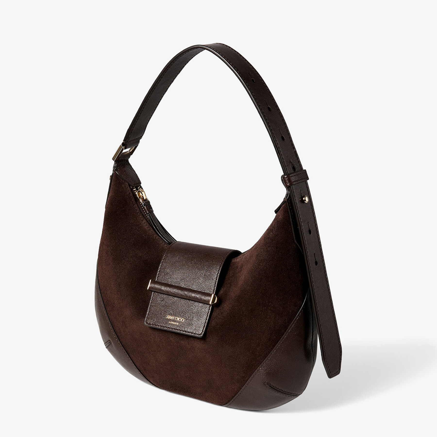 JIMMY CHOO ショルダーバッグ ブラウン Bar Hobo Small | Chocolate Suede Shoulder Bag with Biker Leather