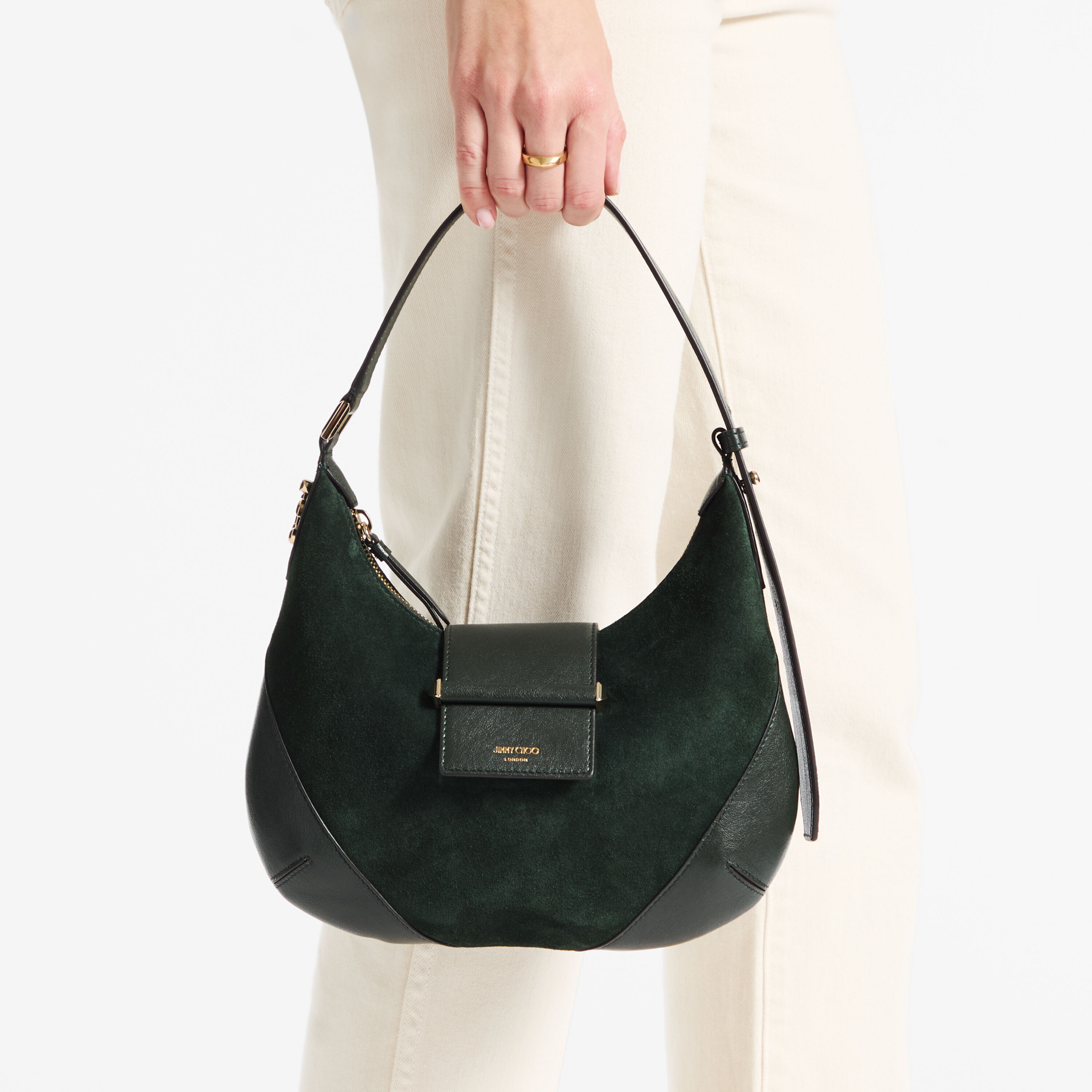 Bar Hobo Small | British Green Suede Shoulder Bag with Biker