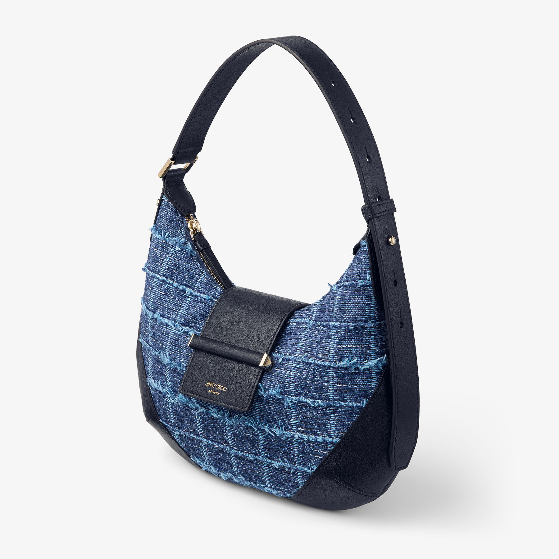 Bar Hobo Small | Marine Crosshatch Denim Fabric Shoulder Bag with