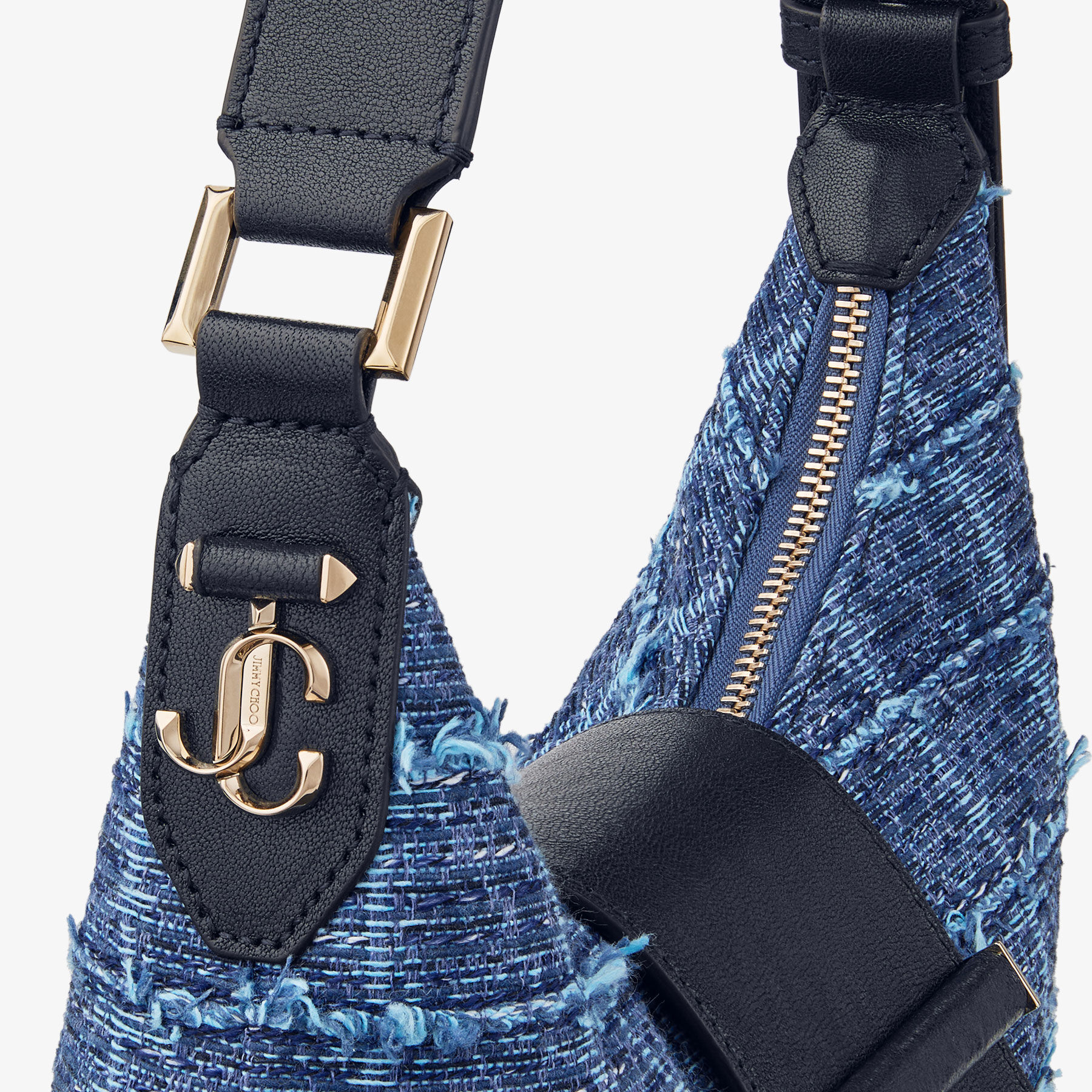 Bar Hobo Small | Marine Crosshatch Denim Fabric Shoulder Bag with