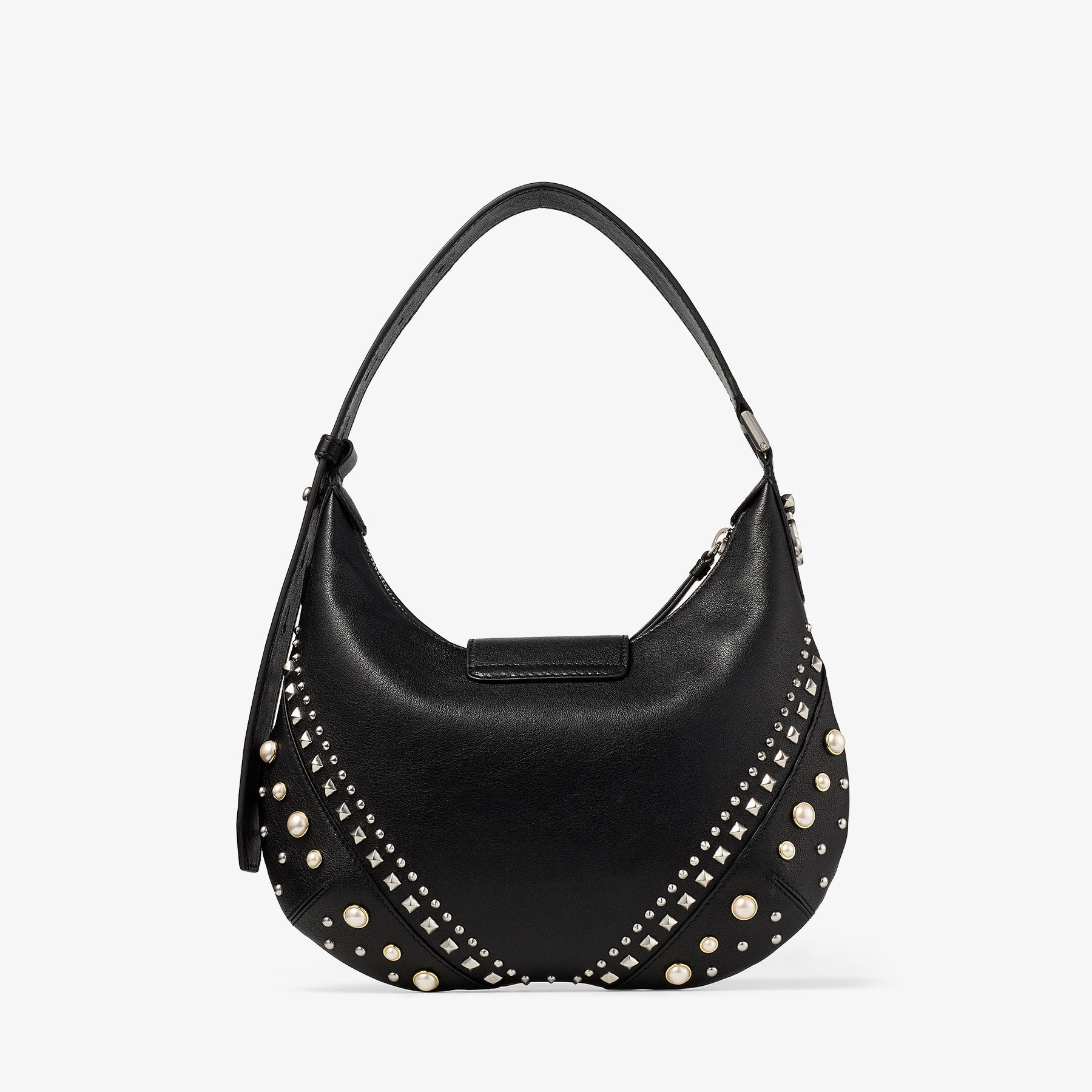 Bar Hobo Small | Black Biker Leather Shoulder Bag with Pearl Studs